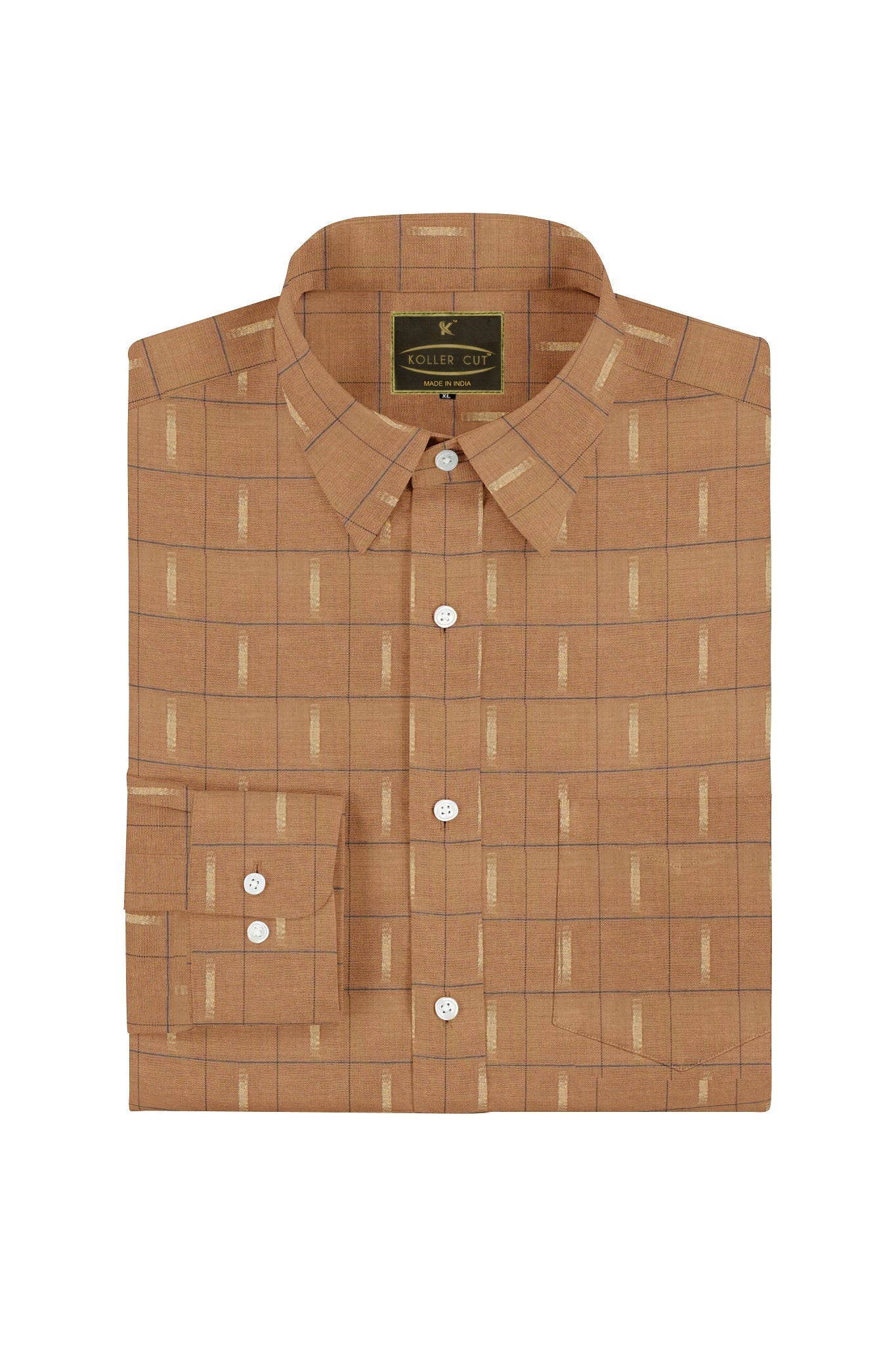 Sienna Brown with Beige and Mykonos Blue Jacquard Checks Cotton Shirt