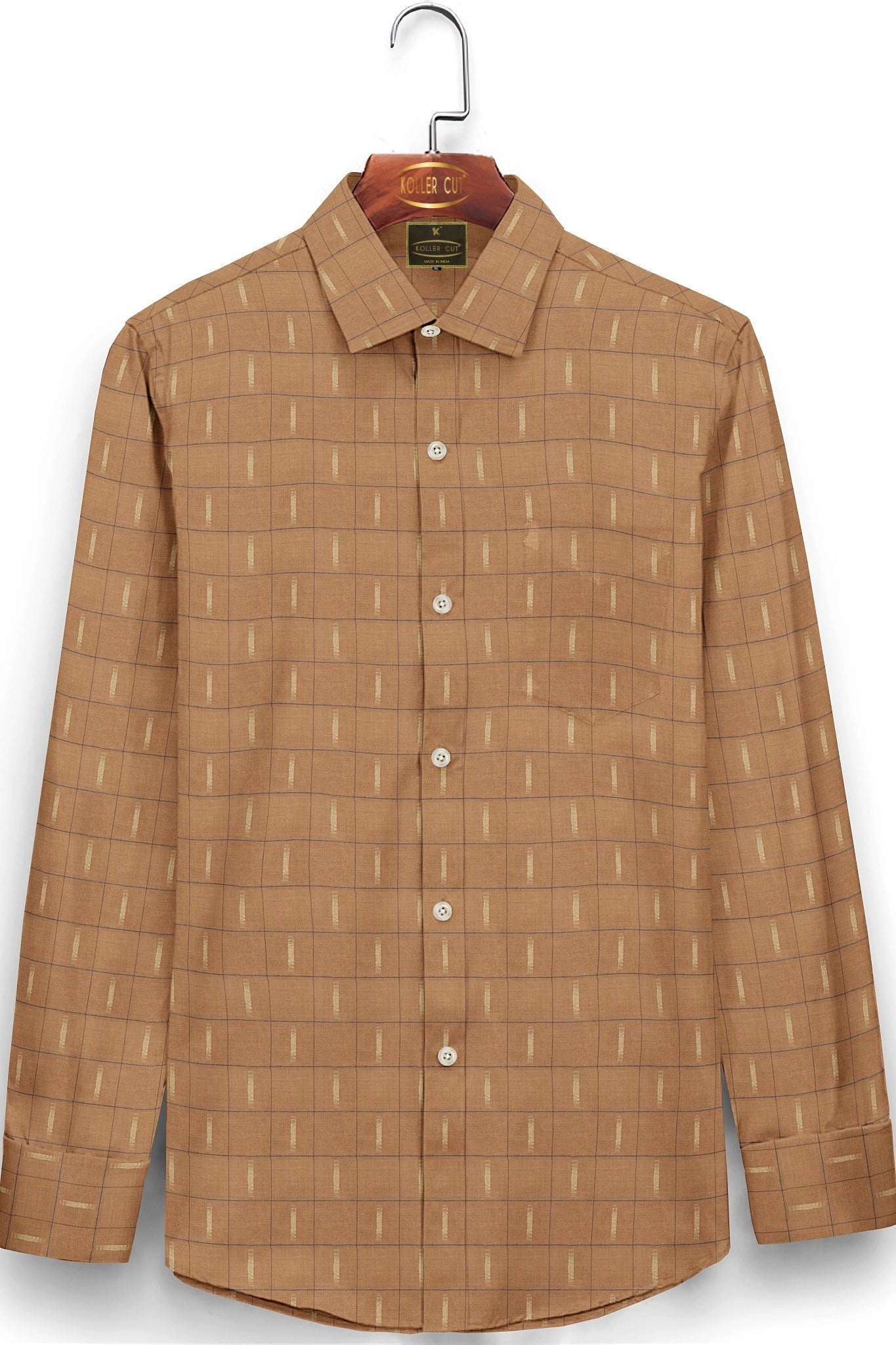 Sienna Brown with Beige and Mykonos Blue Jacquard Checks Cotton Shirt