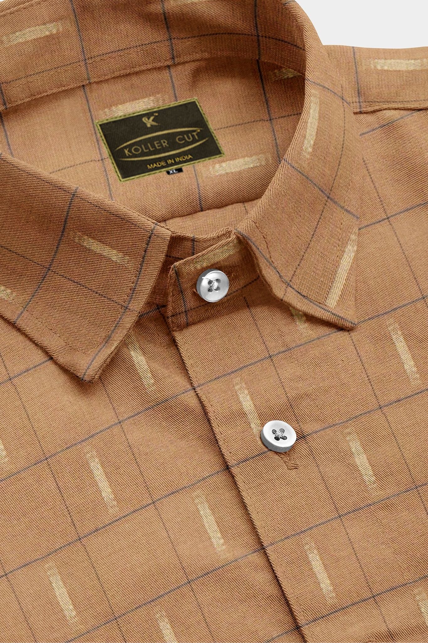 Sienna Brown with Beige and Mykonos Blue Jacquard Checks Cotton Shirt