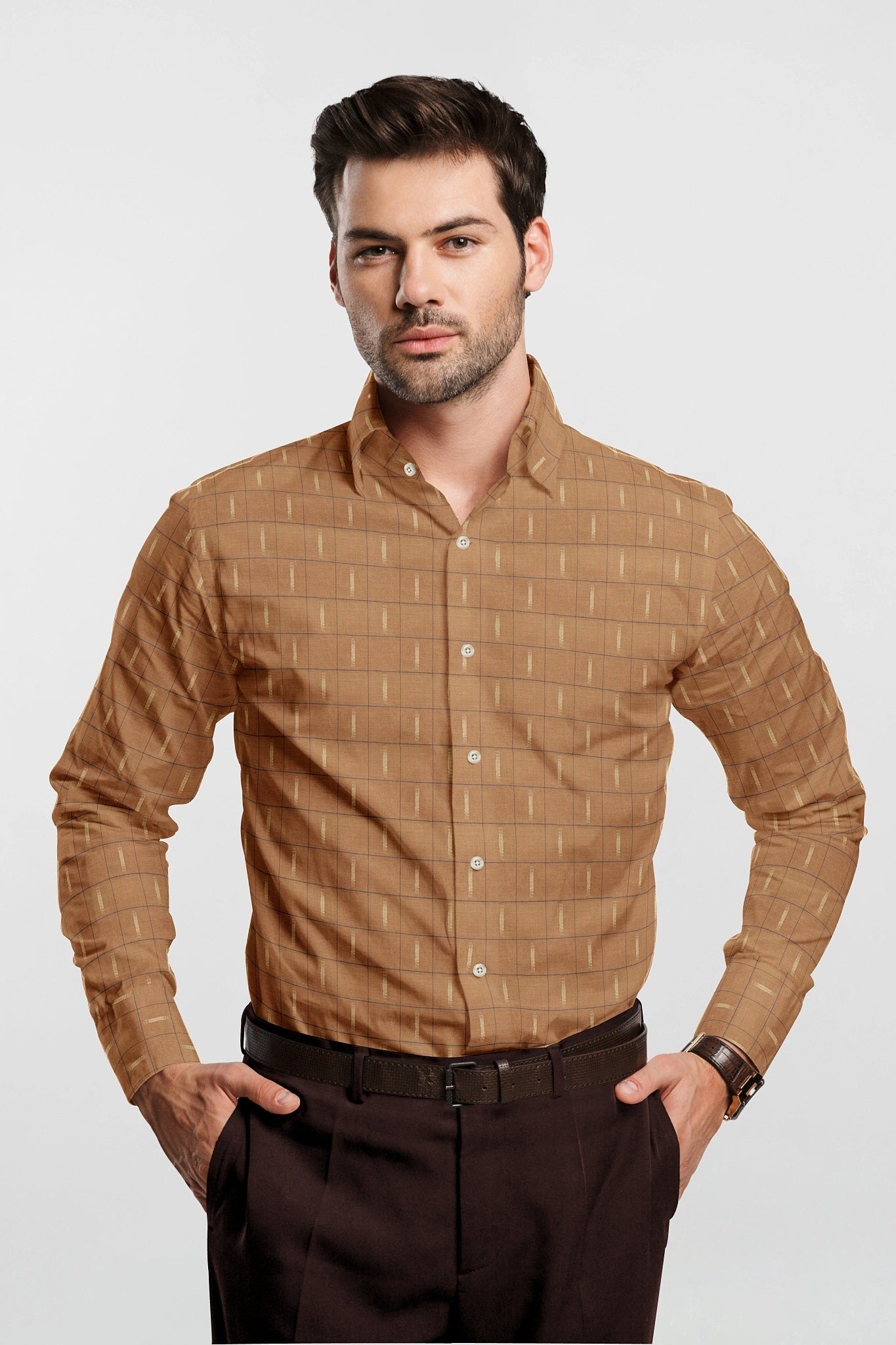 Sienna Brown with Beige and Mykonos Blue Jacquard Checks Cotton Shirt