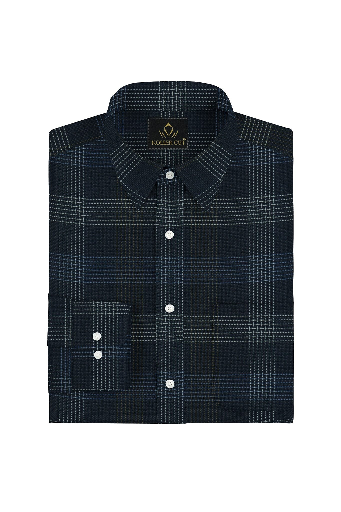 Ink Blue with Mustard Gold and Lichen Blue Jacquard Dash Checks Premium Cotton Shirt
