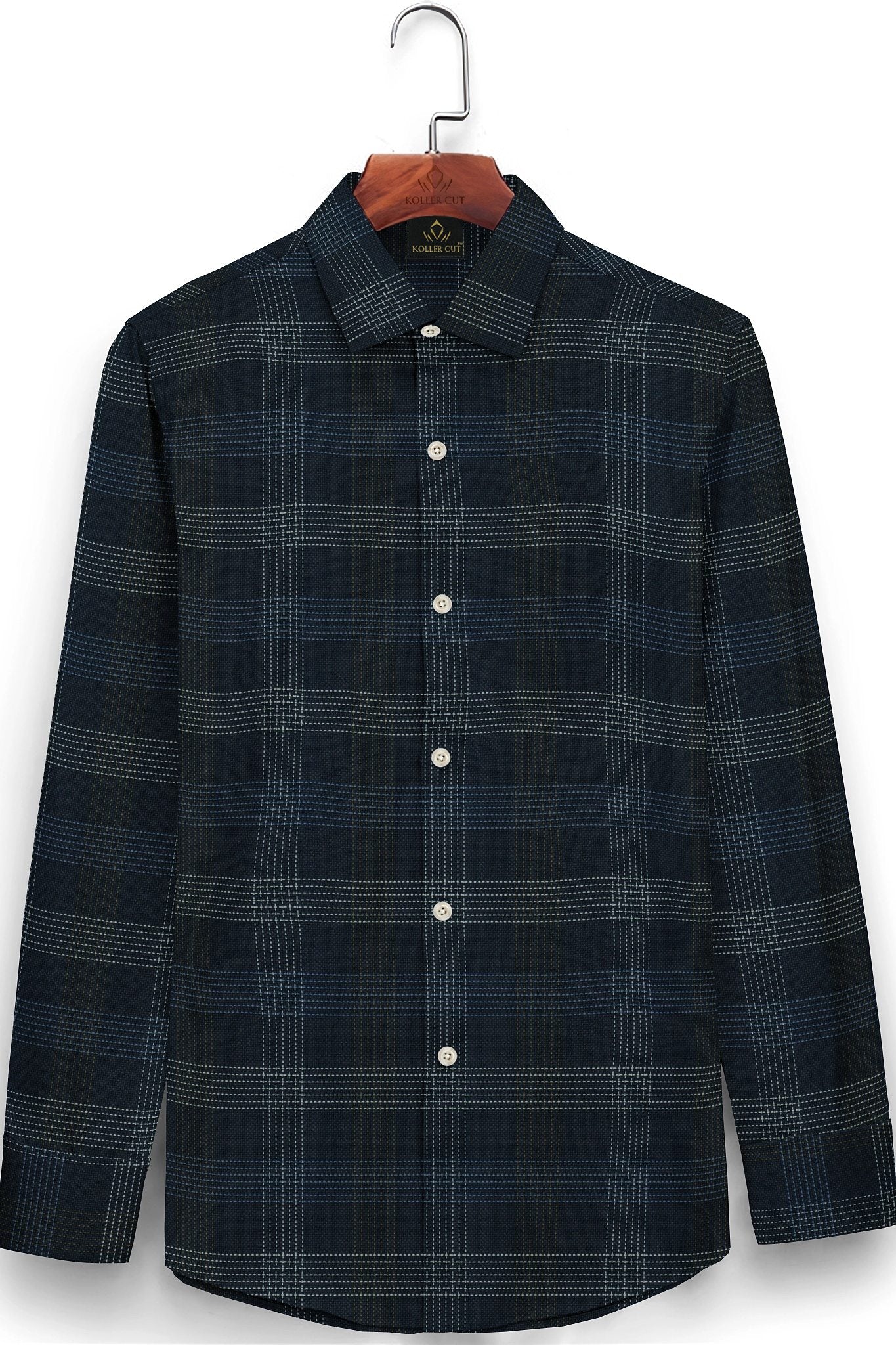 Ink Blue with Mustard Gold and Lichen Blue Jacquard Dash Checks Premium Cotton Shirt