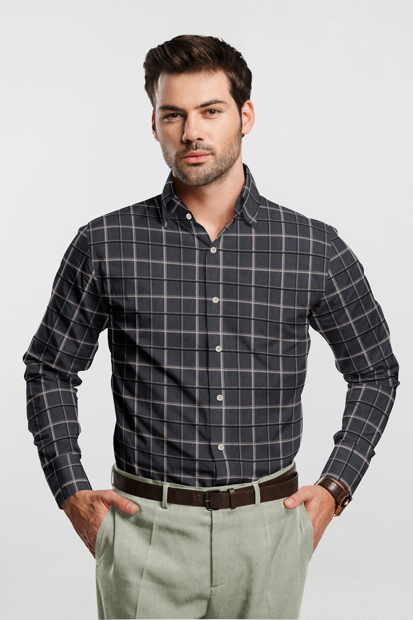 Thistle Purple and Black Twill Checks Cotton Shirt