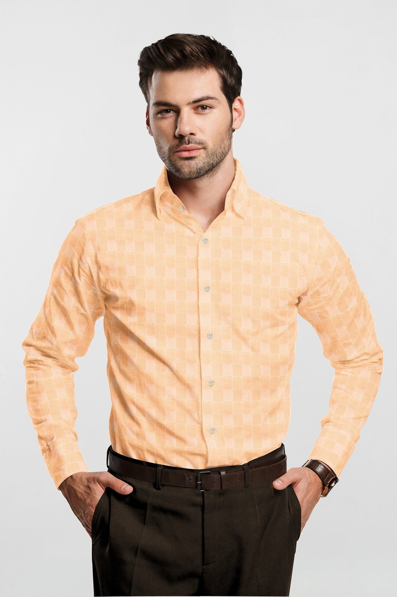Coral Peach Jacquard Checks Premium Cotton Shirt