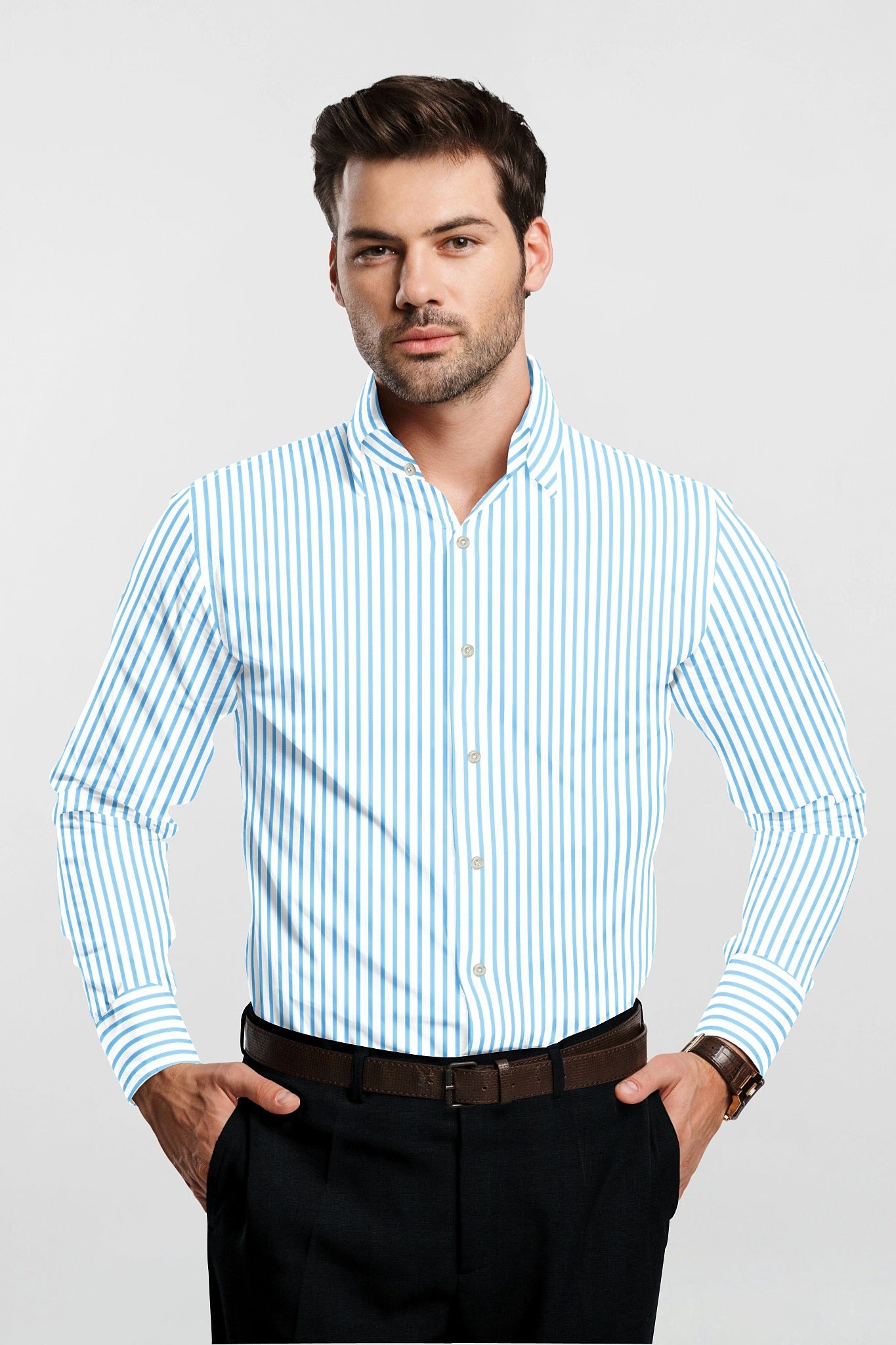 Casper Blue and White Dress Stripes Cotton Shirt