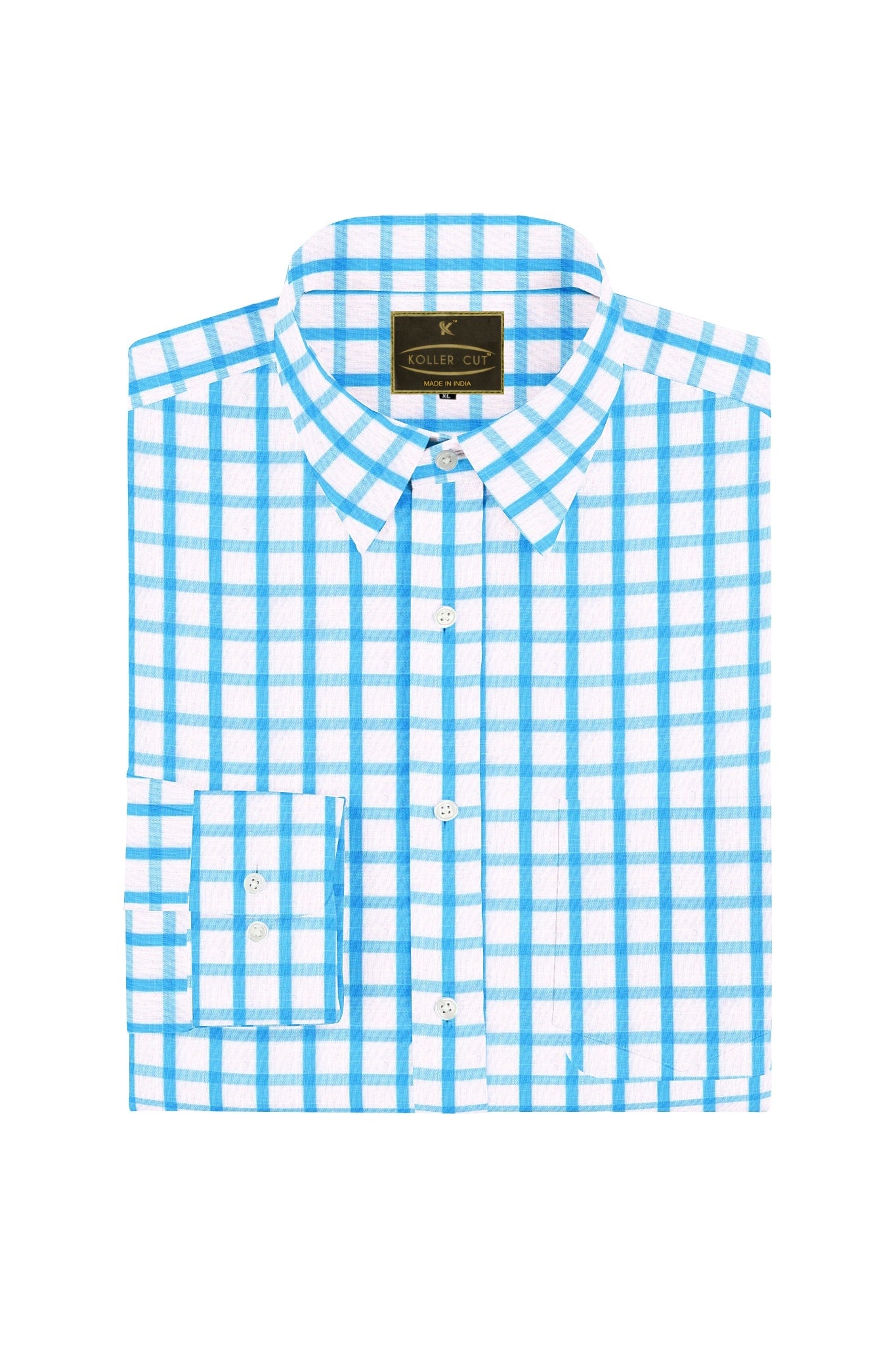 Celadon Blue and White Windowpane Checks Cotton Linen Shirt
