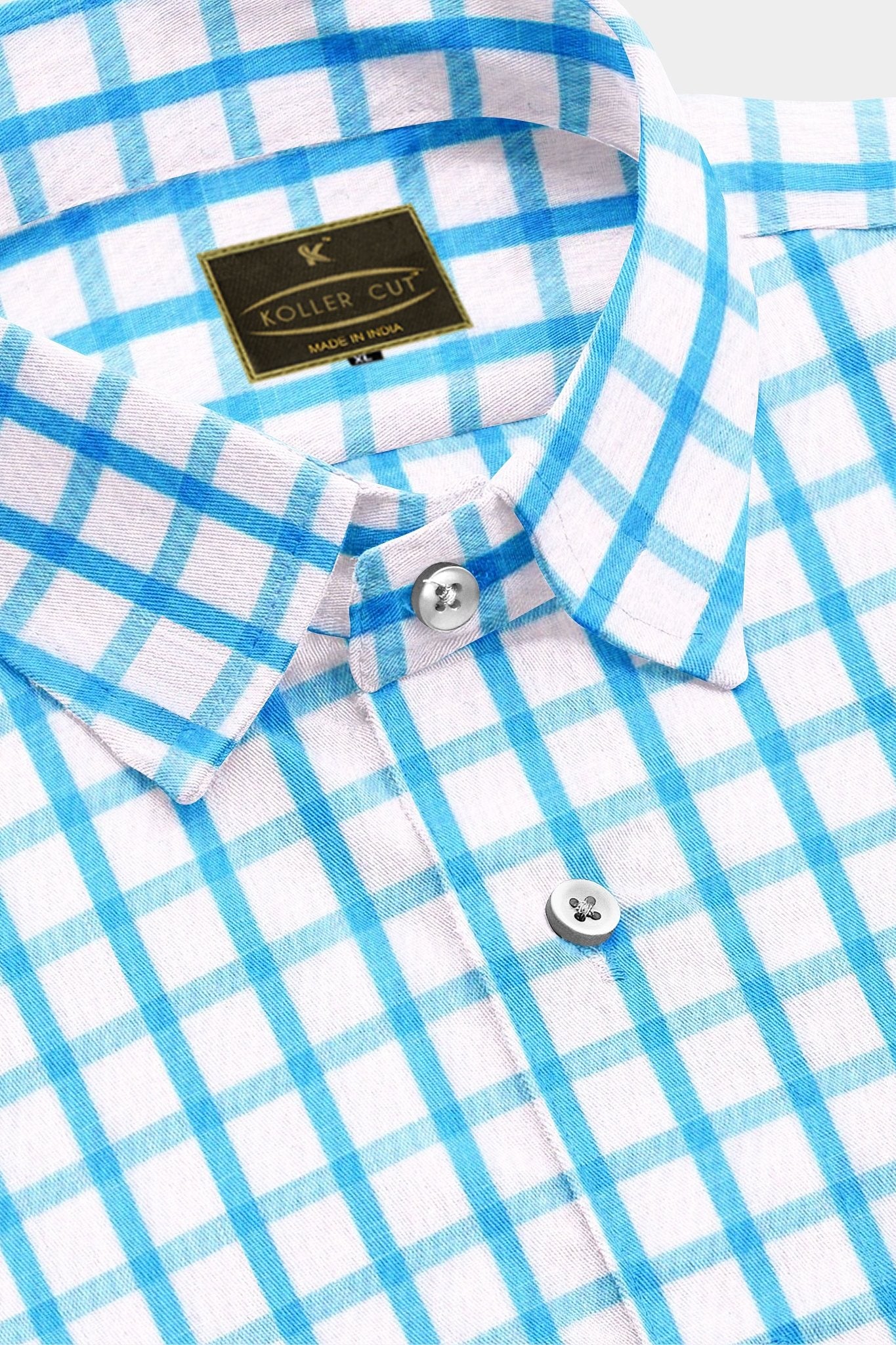 Celadon Blue and White Windowpane Checks Cotton Linen Shirt