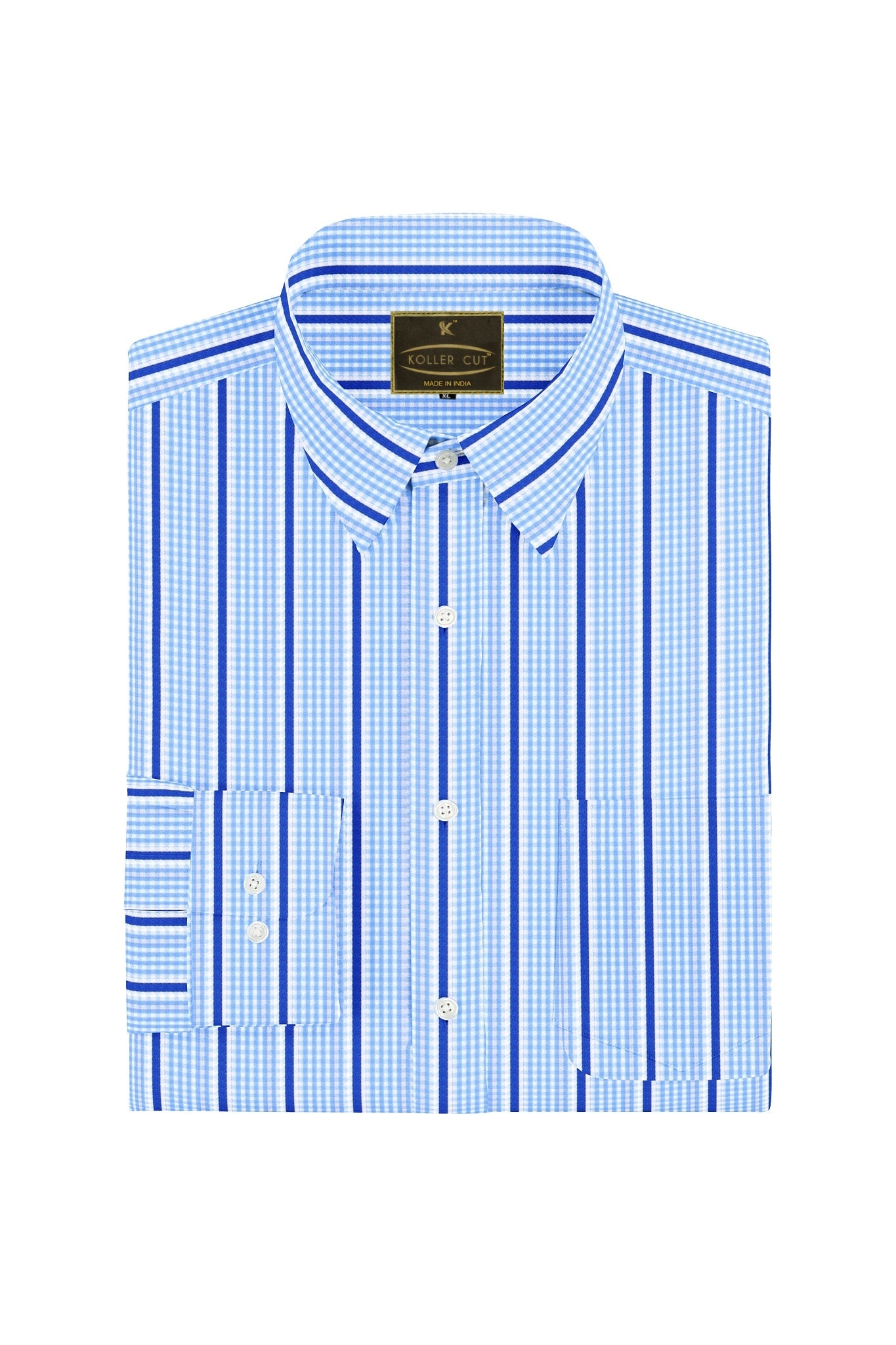 White with Cerulean Blue and Cobalt Blue Wide Chalk Stripes and Checks Cotton Shirt