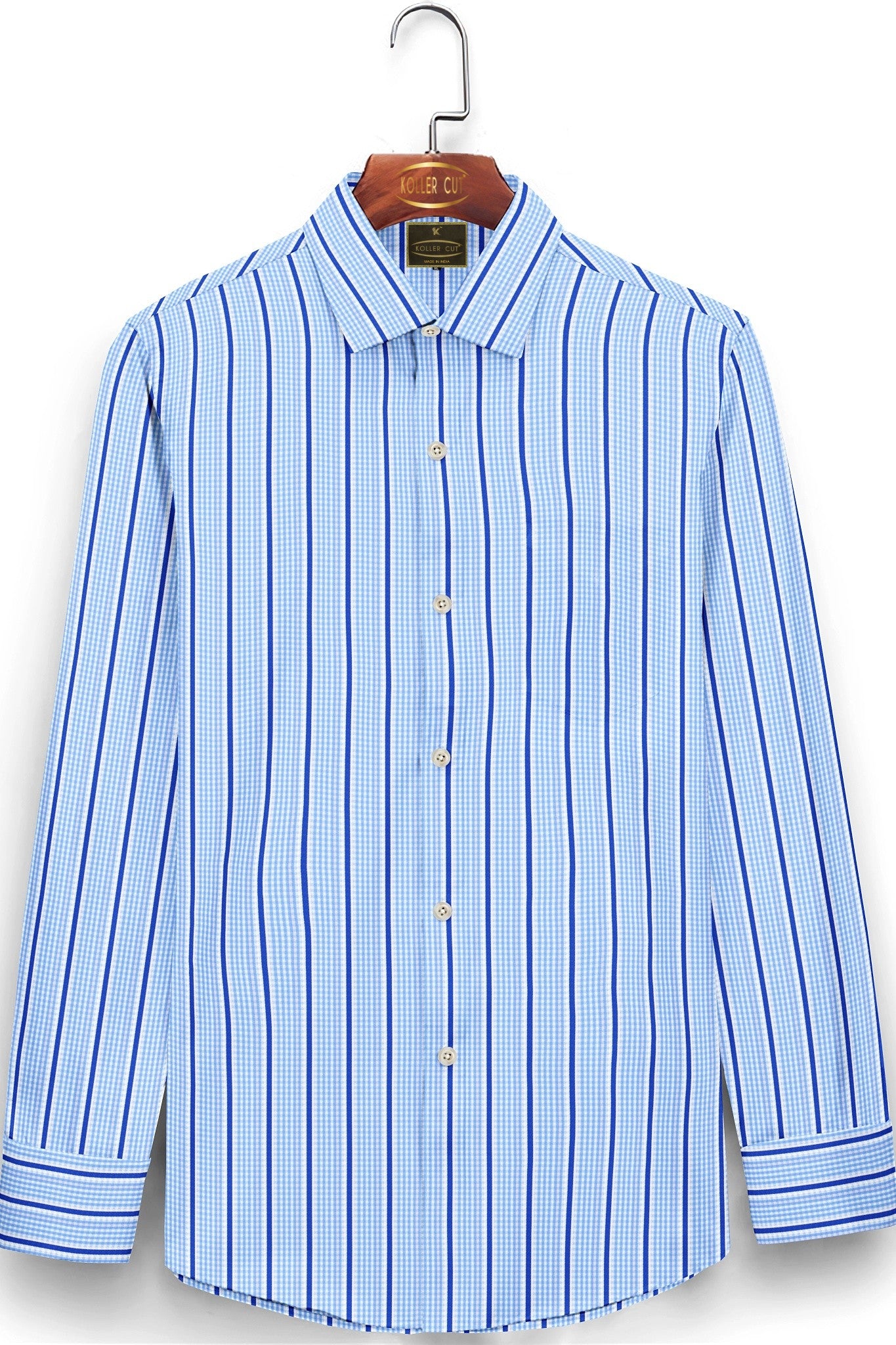 White with Cerulean Blue and Cobalt Blue Wide Chalk Stripes and Checks Cotton Shirt