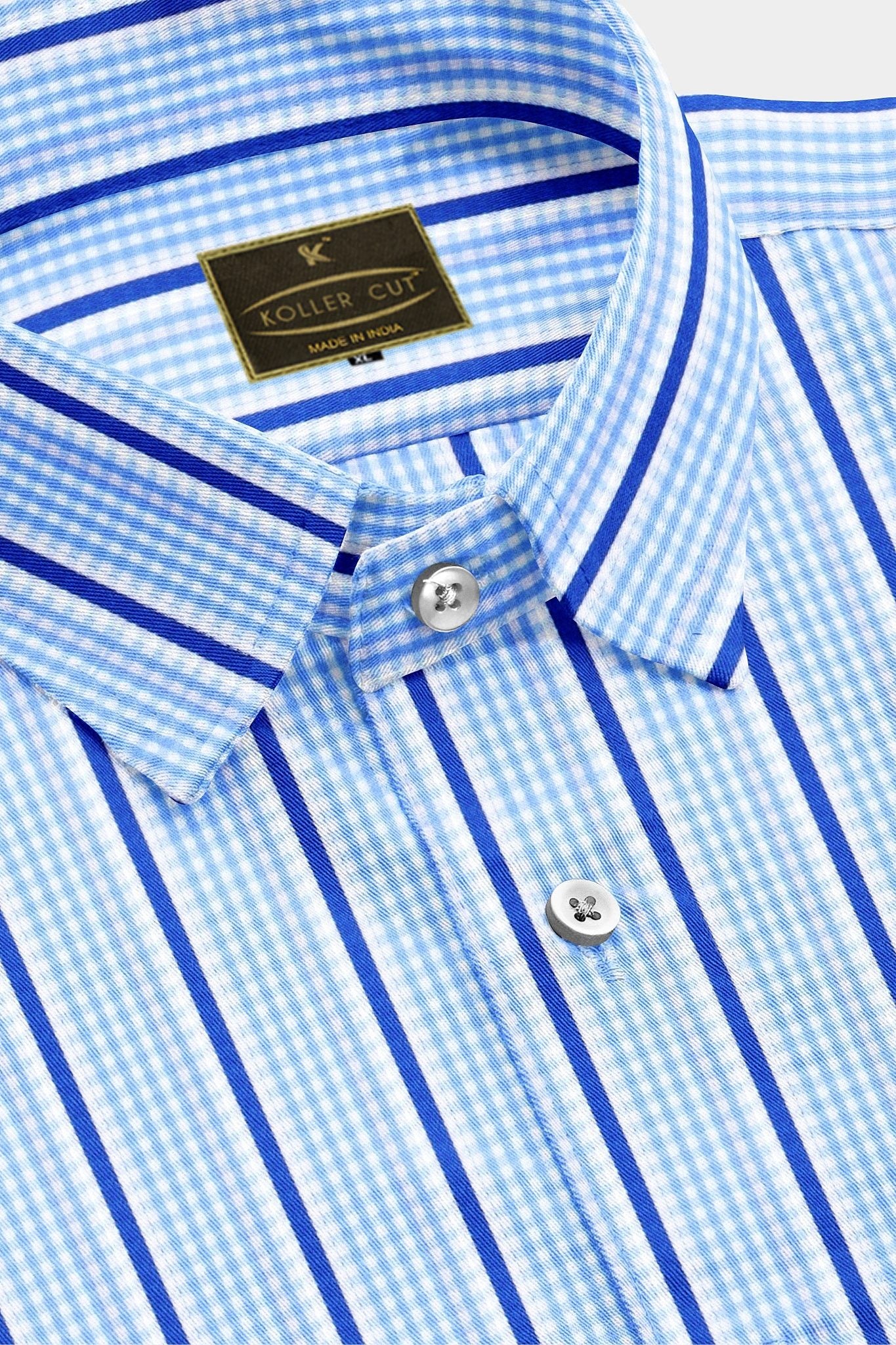 White with Cerulean Blue and Cobalt Blue Wide Chalk Stripes and Checks Cotton Shirt