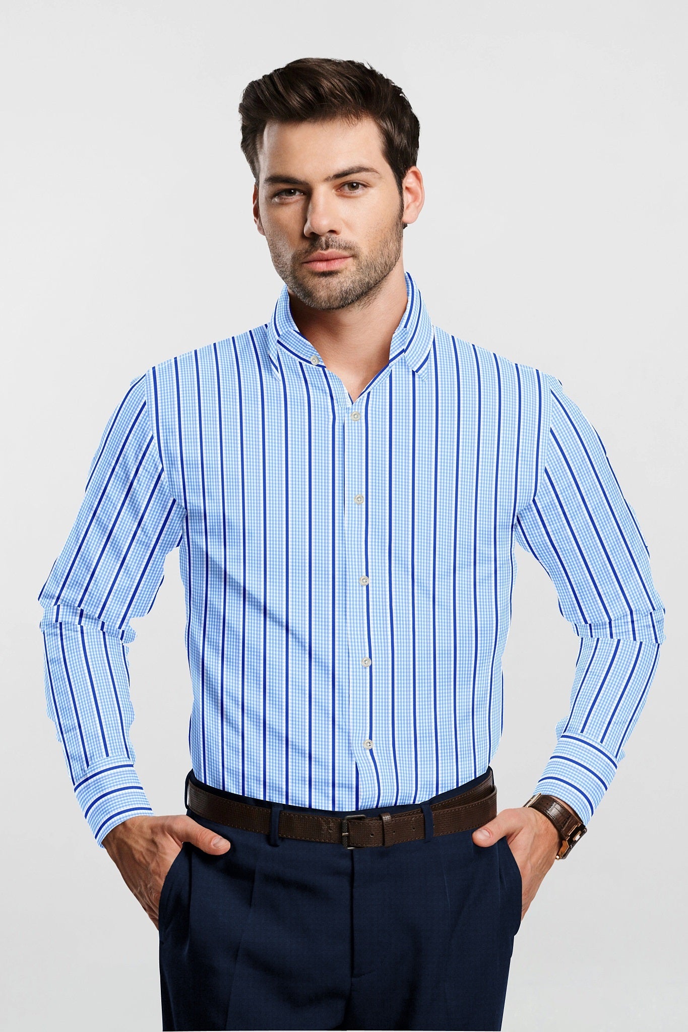 White with Cerulean Blue and Cobalt Blue Wide Chalk Stripes and Checks Cotton Shirt