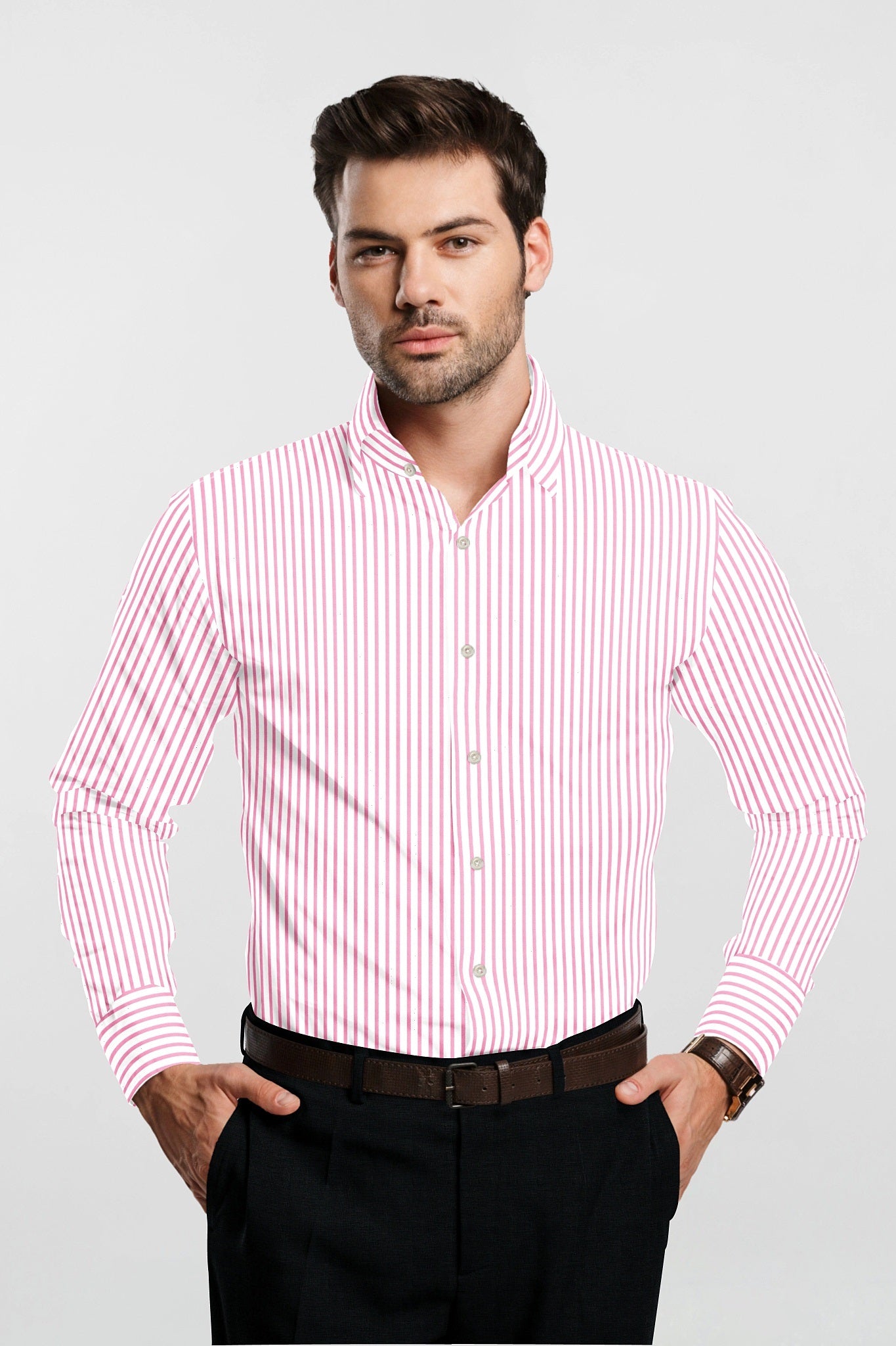 Millennial Pink and White Candy Stripes Cotton Shirt