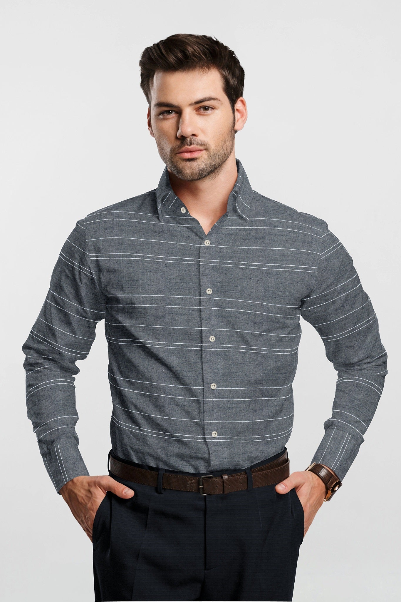 Coal Black and White Wide Stripe Cotton Linen Shirt
