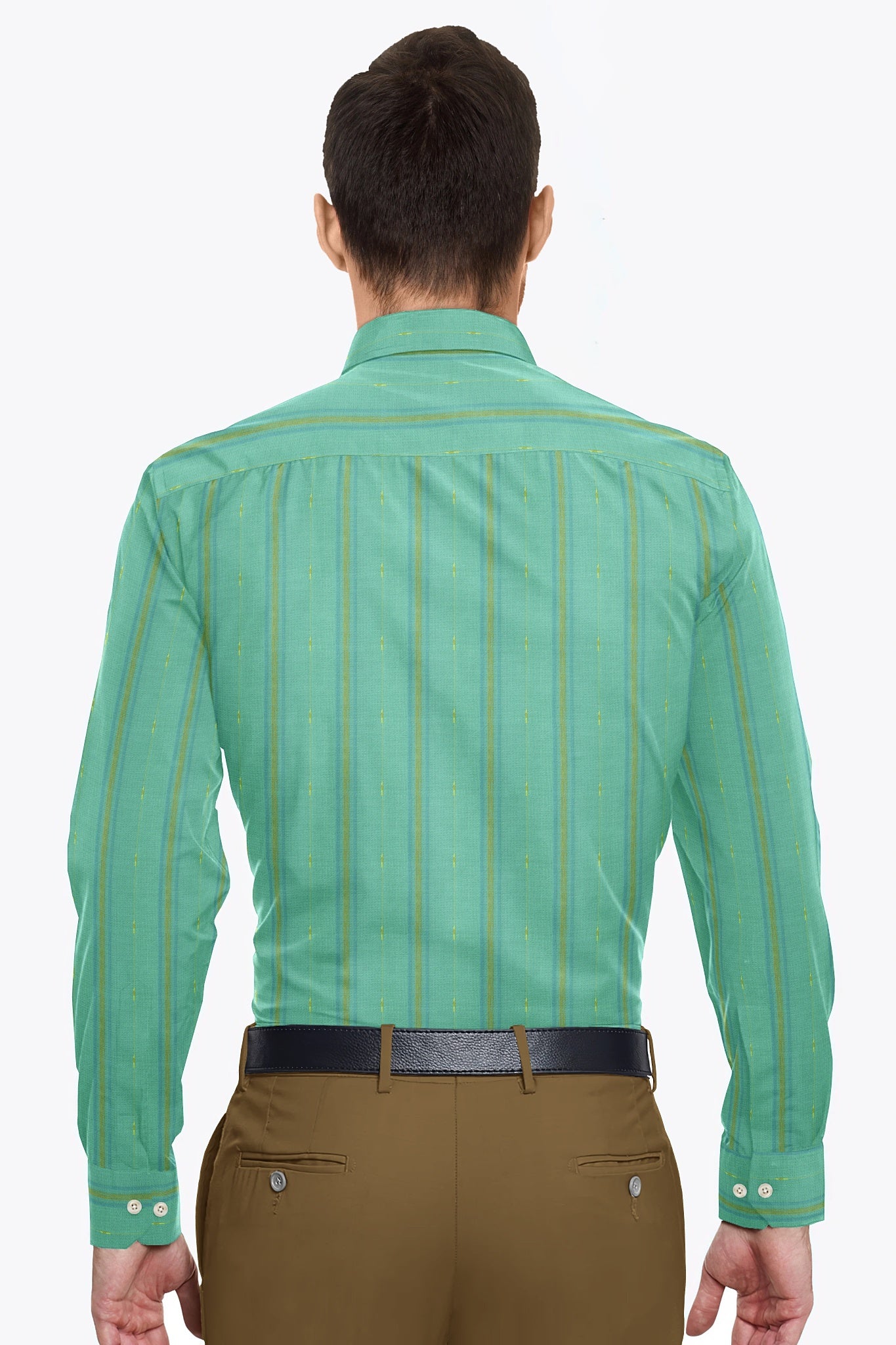 Dark Turquoise with Teal blue and Golden Wide Stripes Cotton Linen Shirt
