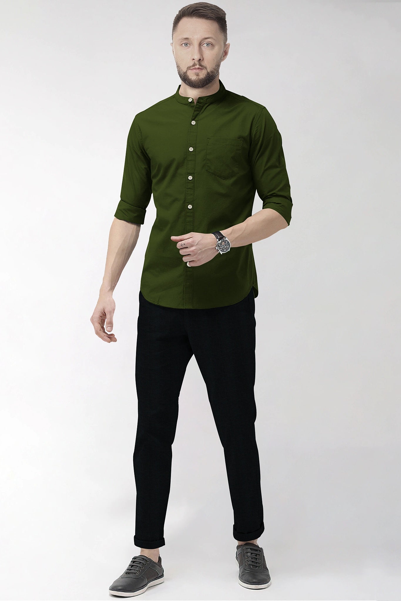 Basil Green Mandarin Collar Giza Cotton Shirt