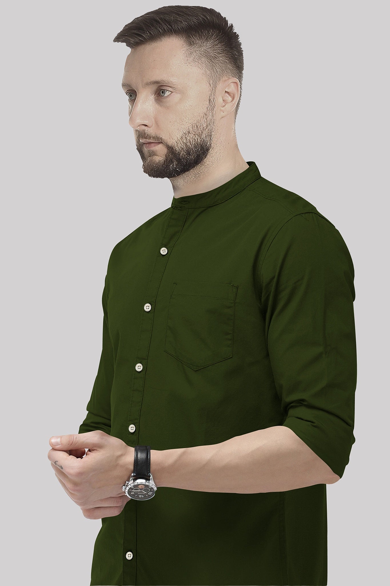 Basil Green Mandarin Collar Giza Cotton Shirt