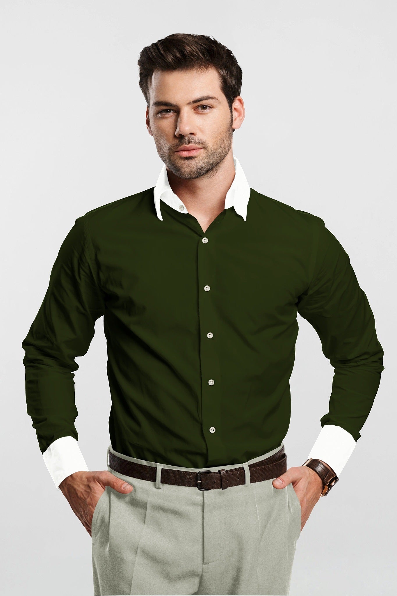 Basil Green Men's Designer Giza Cotton Shirt - Contrast Stitch Shirt in Delhi