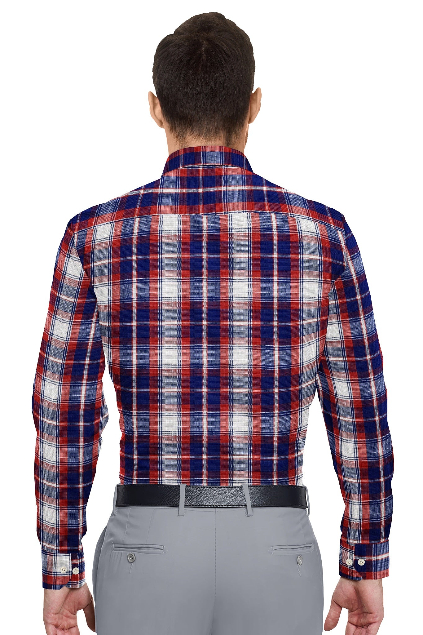 White with Indigo Blue and Chili Red Checks Cotton Shirt