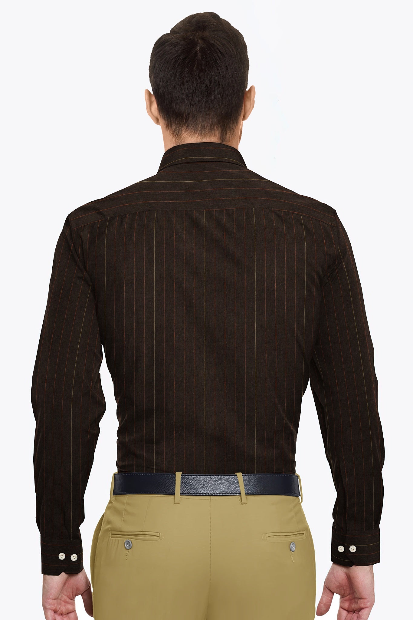 Bistre Brown with Khaki and Rust Red Pinstripes Cotton Shirt