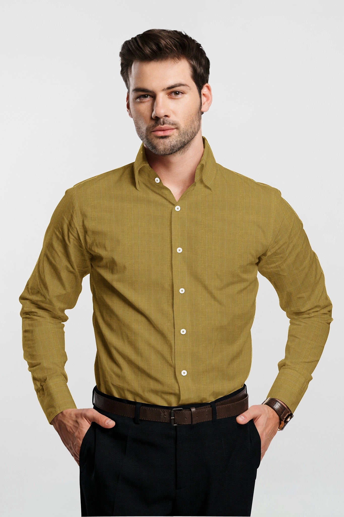 Dijon Mustard and White Pinstripes Cotton Linen Shirt