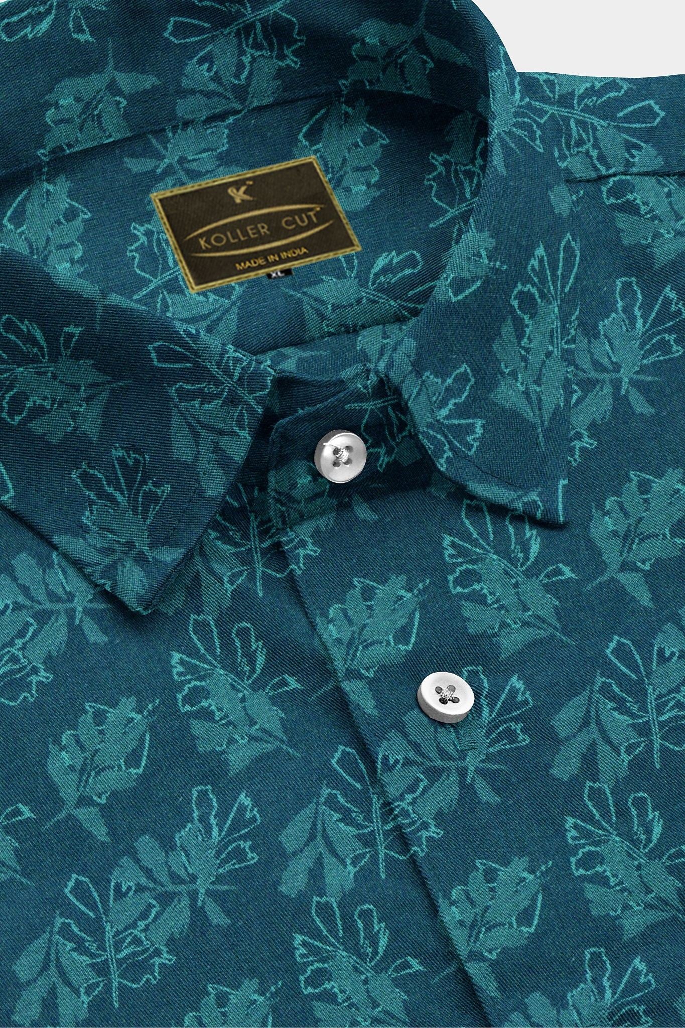Teal Blue and Turquoise Blue Lily Flower Jacquard Print Premium Cotton Shirt