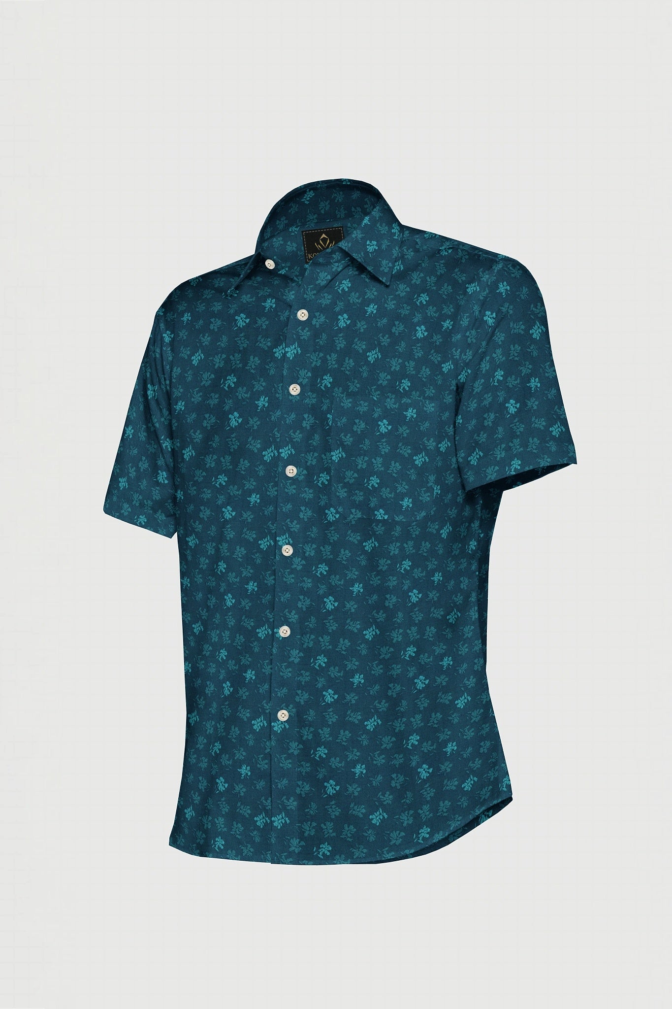 Teal Blue Canna Flower Jacquard Print Egyptian Giza Cotton Shirt