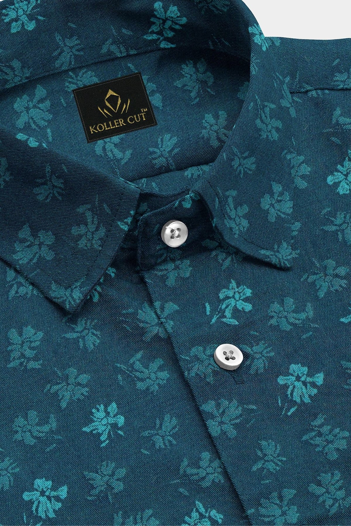 Teal Blue Canna Flower Jacquard Print Egyptian Giza Cotton Shirt