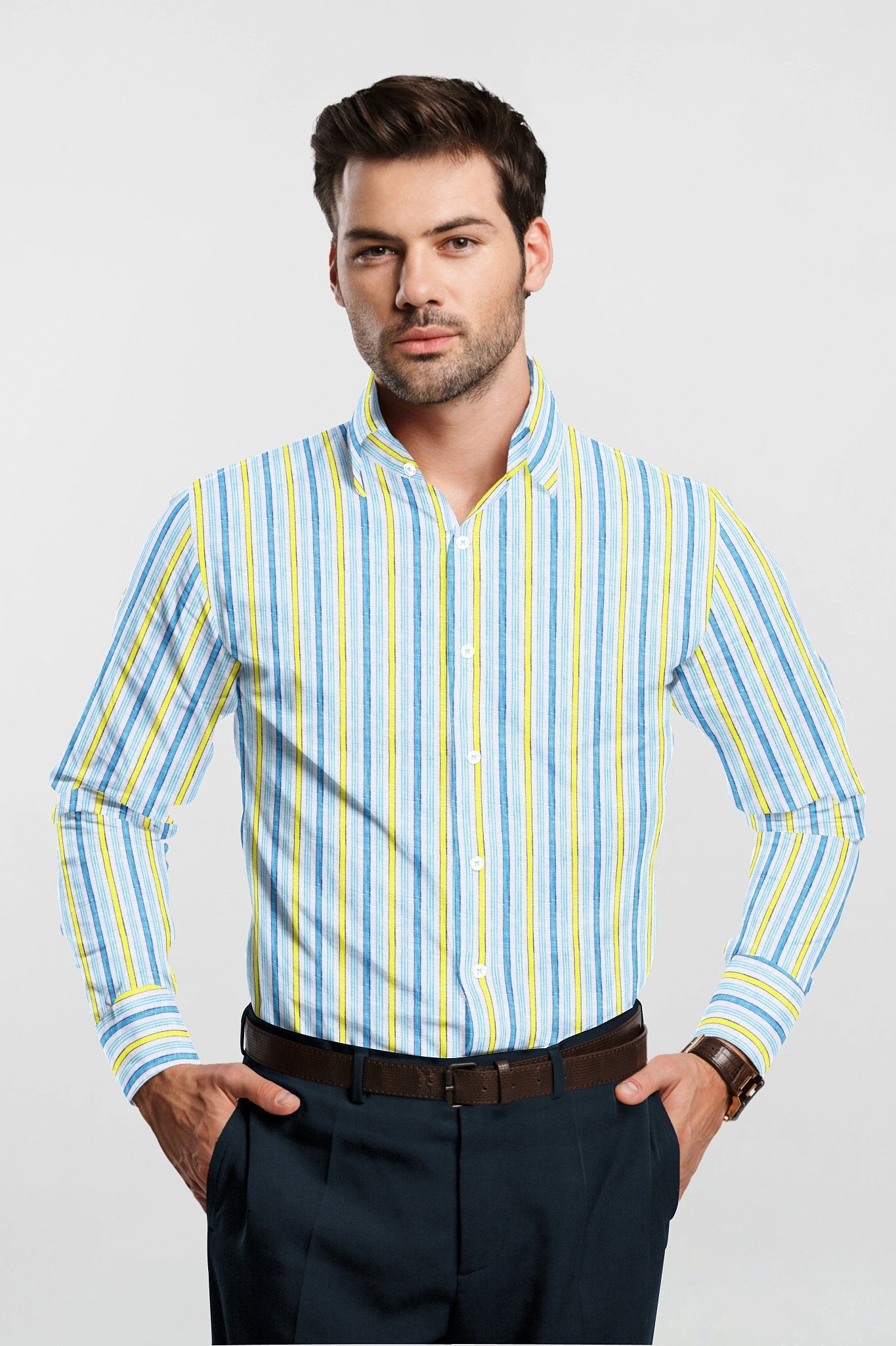 White with Pacific Blue and Pineapple Yellow Multitrack Stripes Pure Linen Shirt