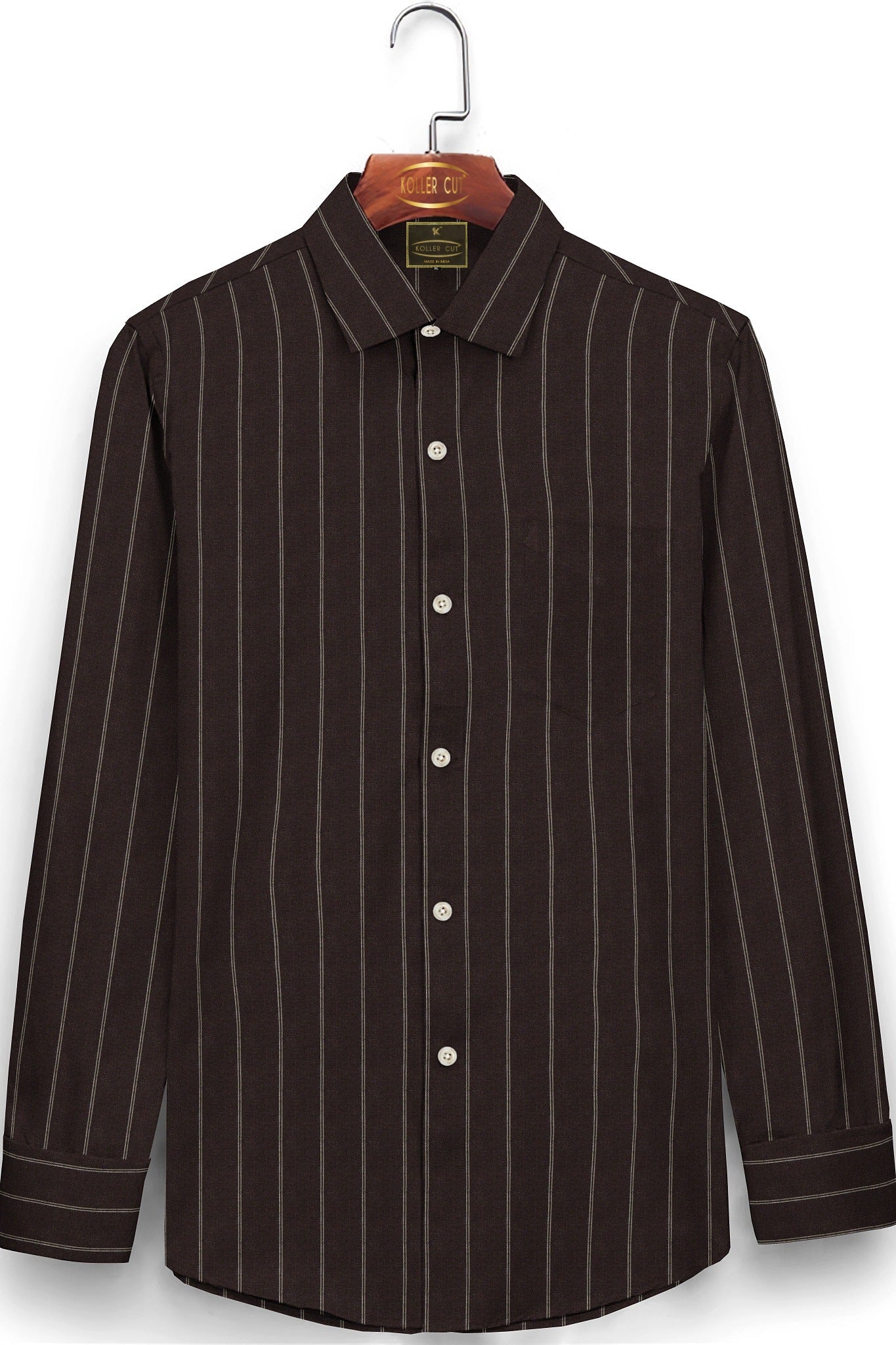 Umber Brown and White Double Pinstripes Luxurious Linen Shirt