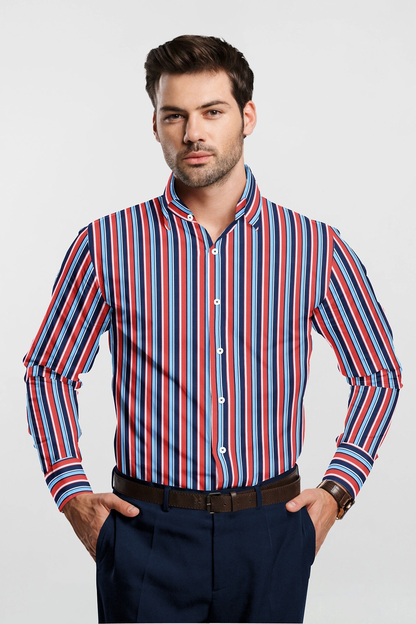 Crimson Red with Electric Blue and Astros Navy Blue Multicolor Stripes Premium Cotton Shirt