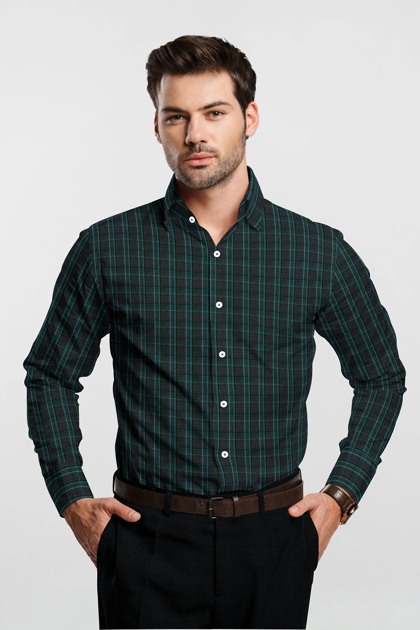 Jade black with Turquoise and Porpise Gray Checks Premium Cotton Shirt