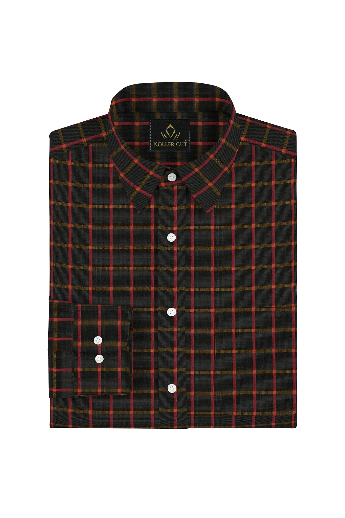 Jade Black with Hibiscus Red and Ochre Yellow Windowpane Checks Premium Cotton Shirt