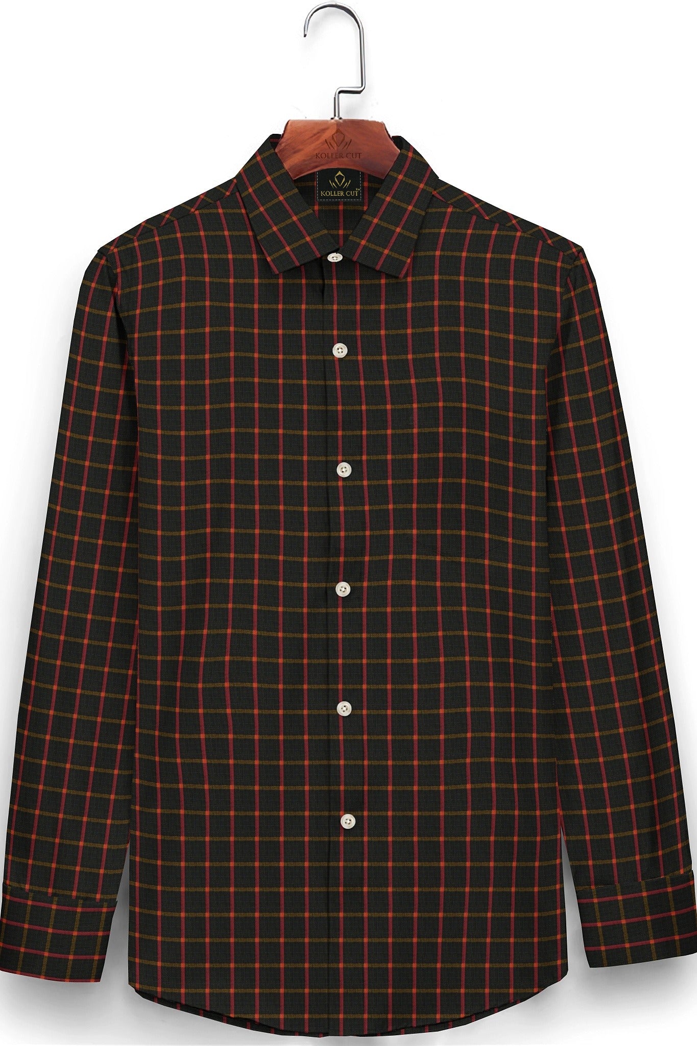 Jade Black with Hibiscus Red and Ochre Yellow Windowpane Checks Premium Cotton Shirt