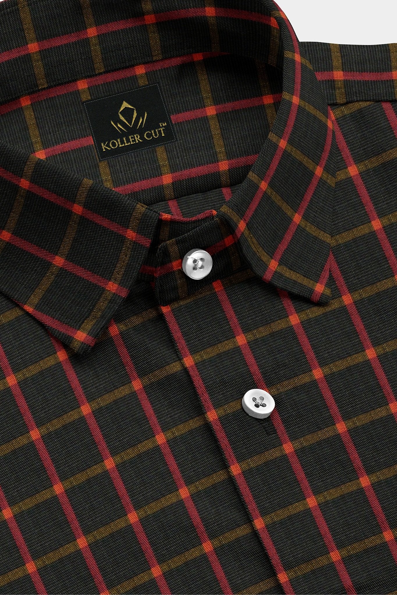 Jade Black with Hibiscus Red and Ochre Yellow Windowpane Checks Premium Cotton Shirt