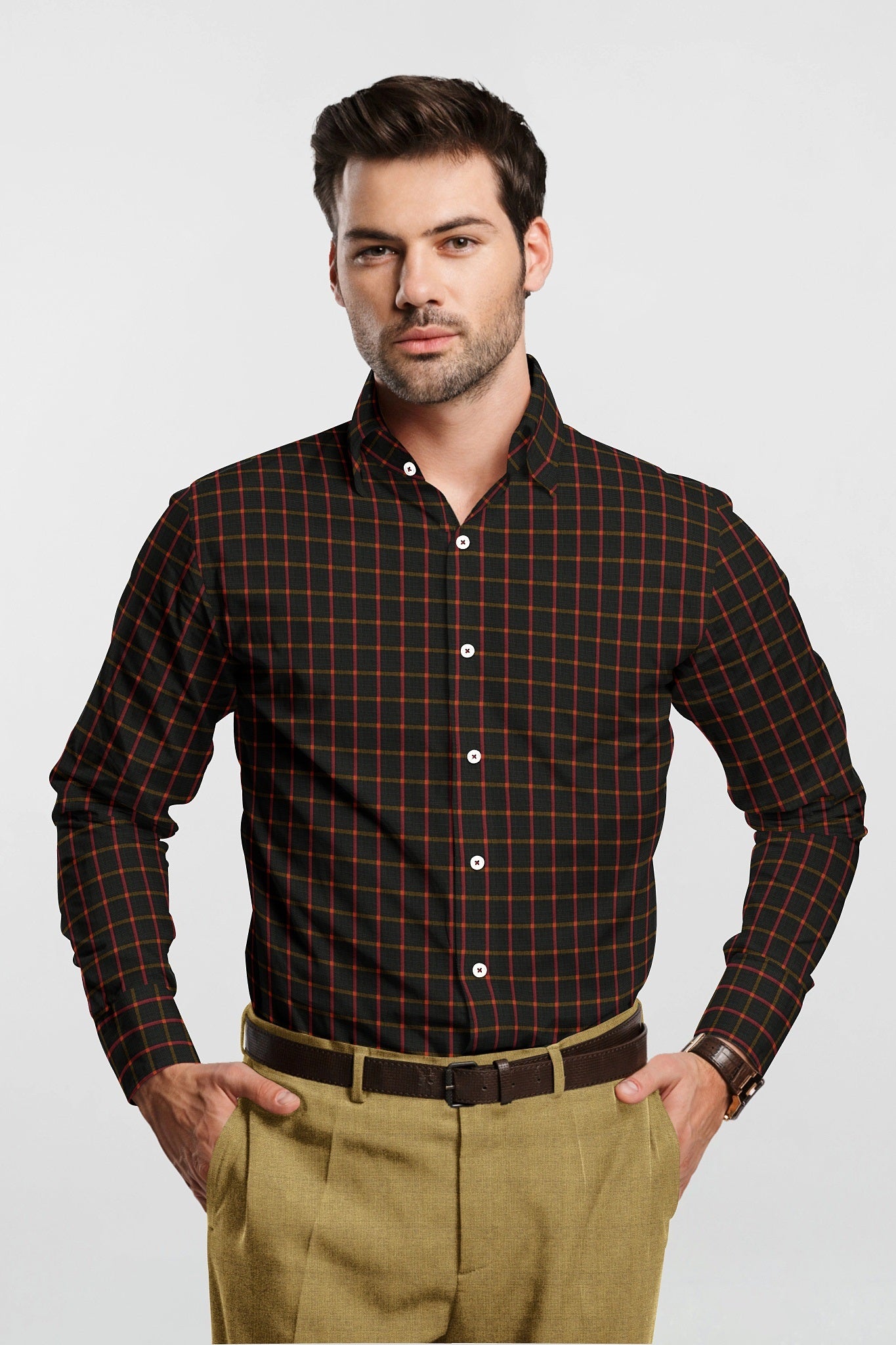 Jade Black with Hibiscus Red and Ochre Yellow Windowpane Checks Premium Cotton Shirt
