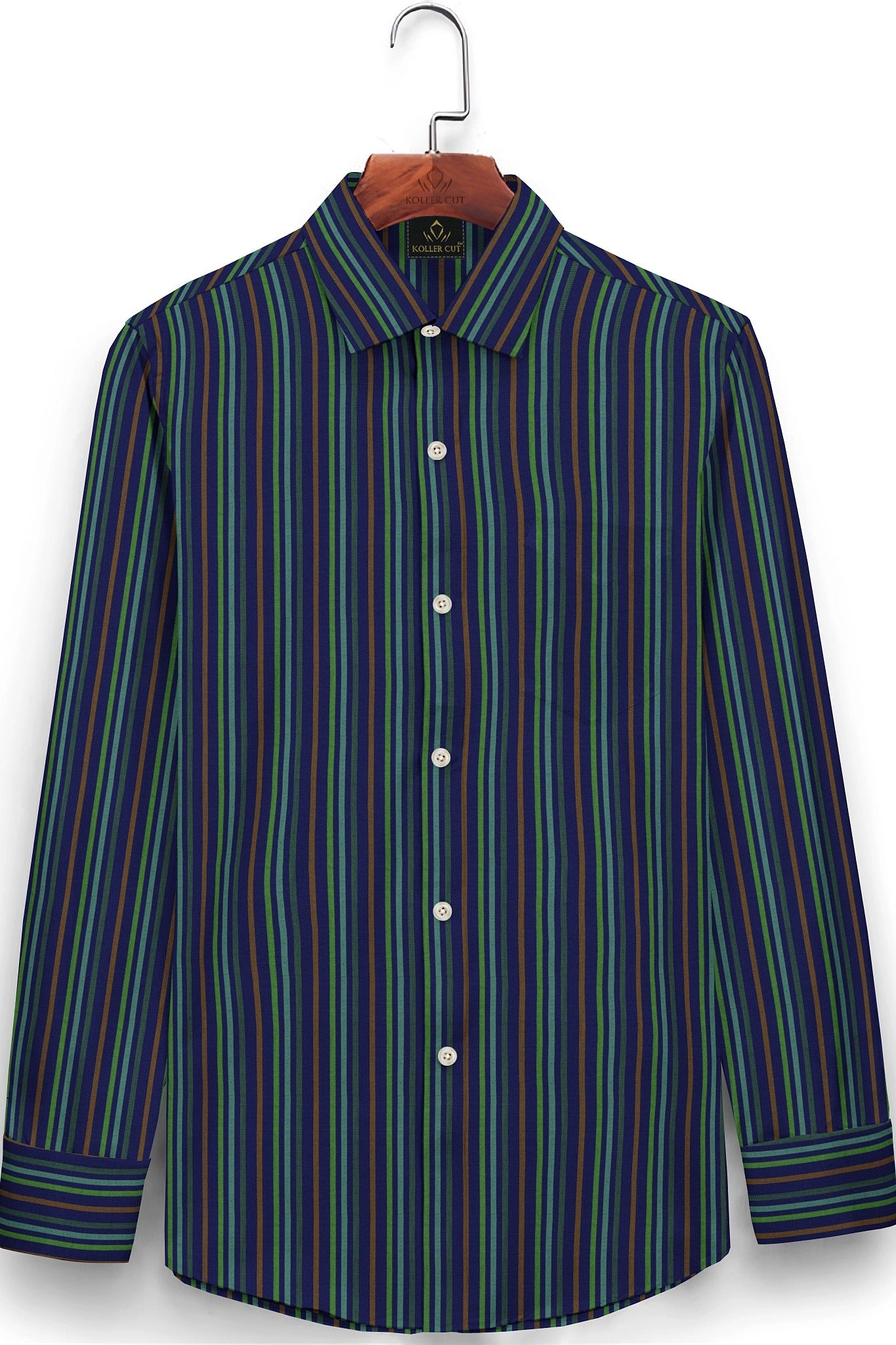 Sapphire Blue with Parakeet Green and Russet Brown Multicolored Stripes Premium Cotton Shirt
