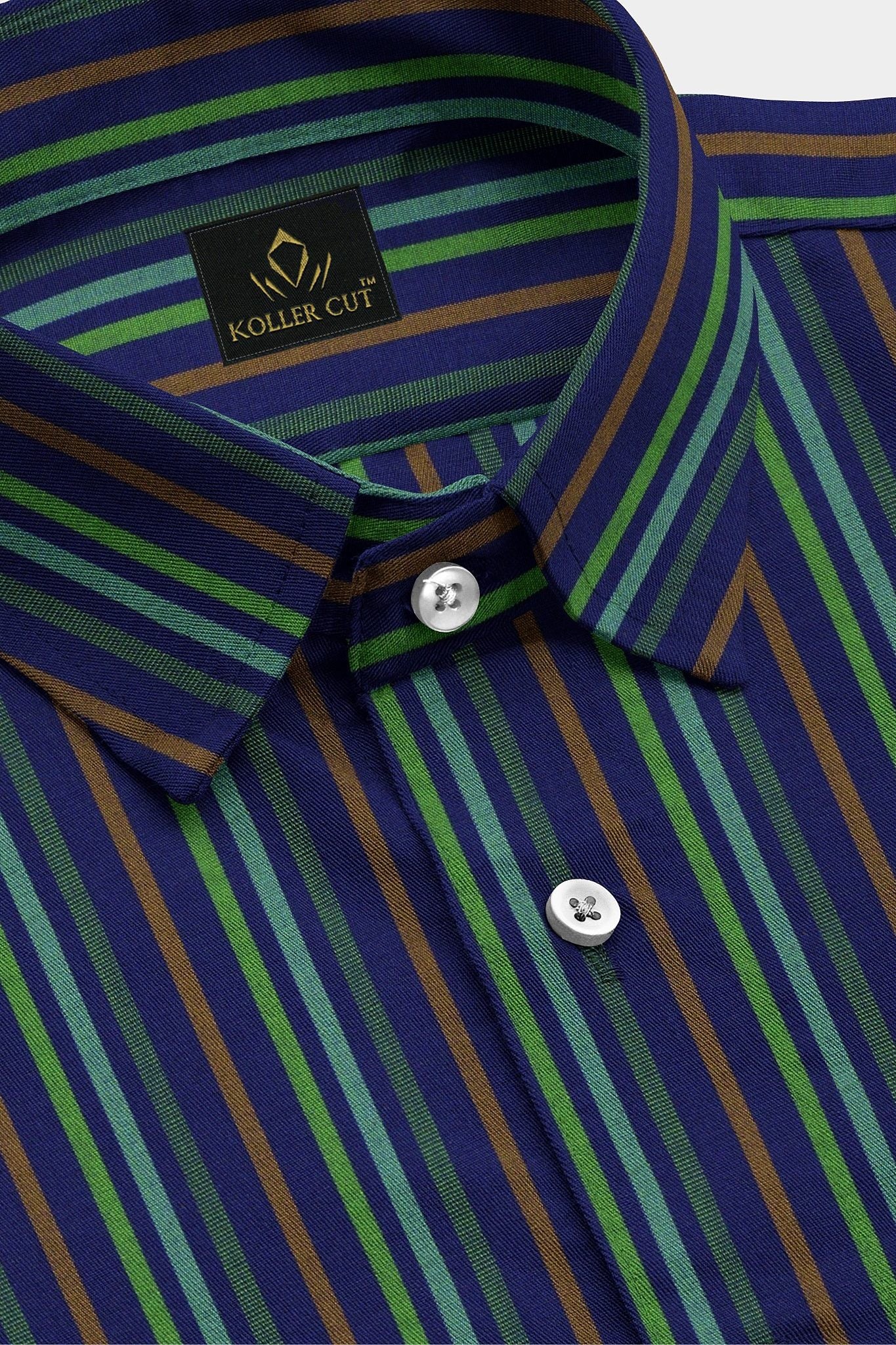 Sapphire Blue with Parakeet Green and Russet Brown Multicolored Stripes Premium Cotton Zodiac Shirt