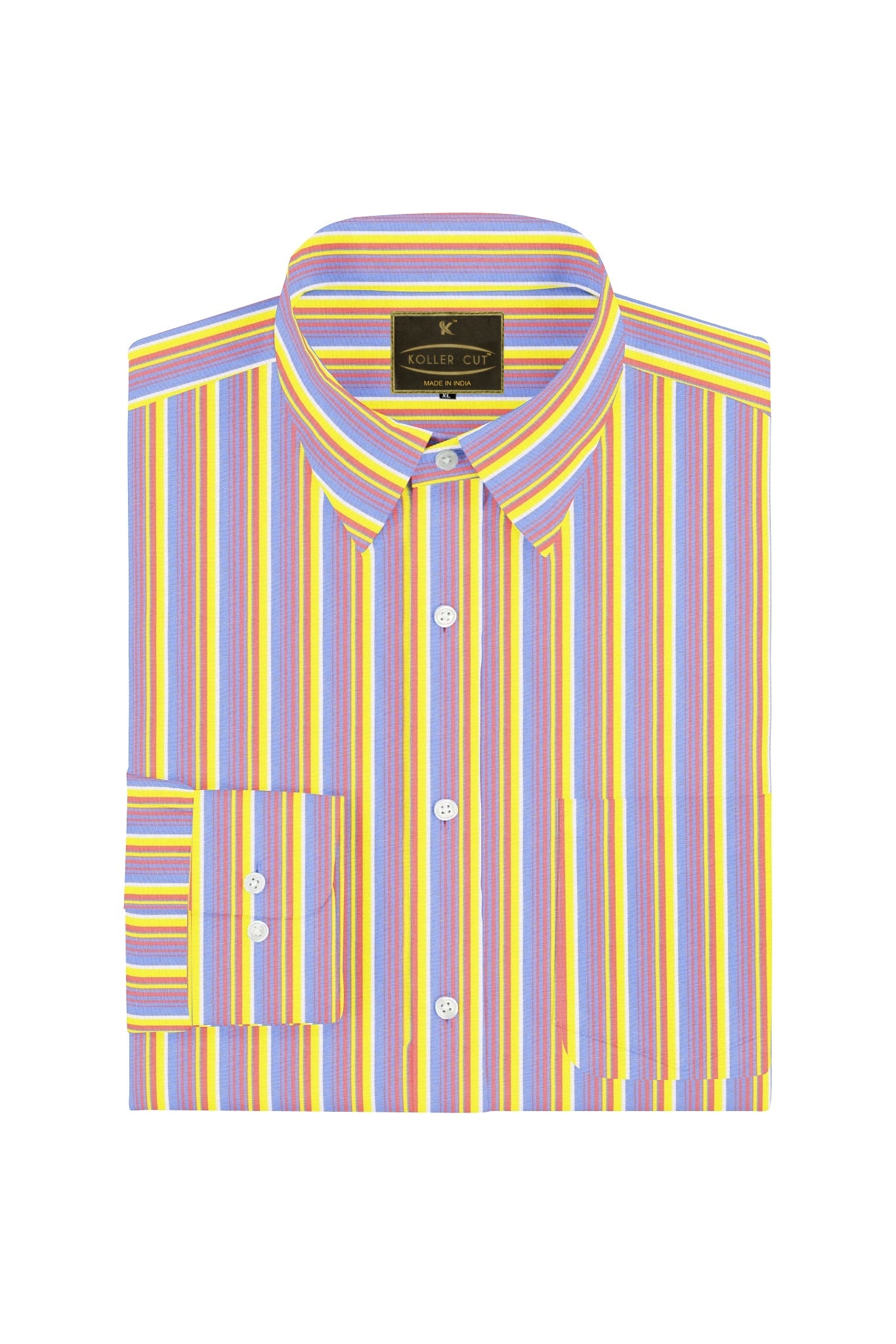 Ruddy Blue with Aureolin Yellow and Neon Red Multitrack Stripes Premium Cotton Shirt