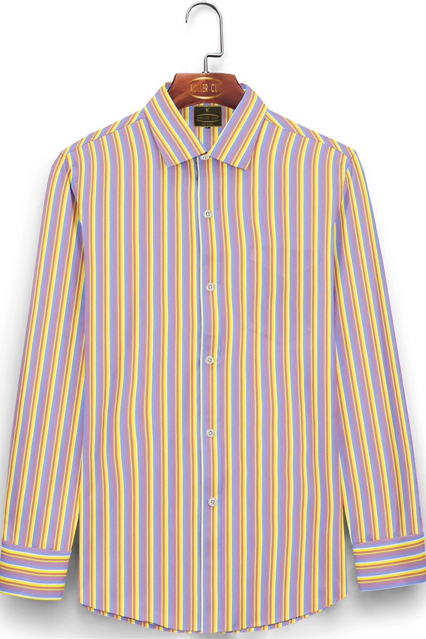 Ruddy Blue with Aureolin Yellow and Neon Red Multitrack Stripes Premium Cotton Shirt