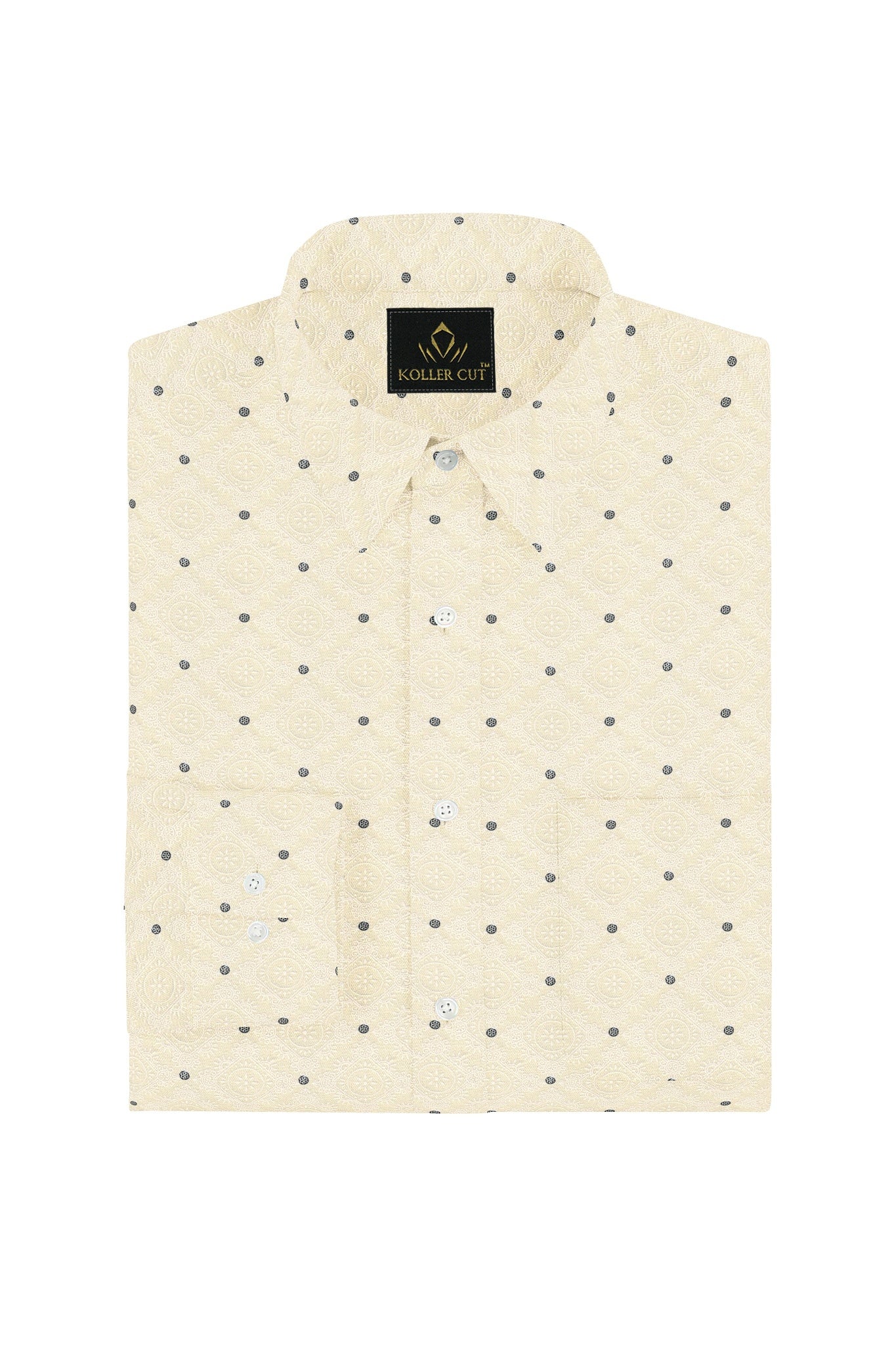 Cream with Indigo Blue and Salt White Geometric Pattern Printed Cotton Shirt