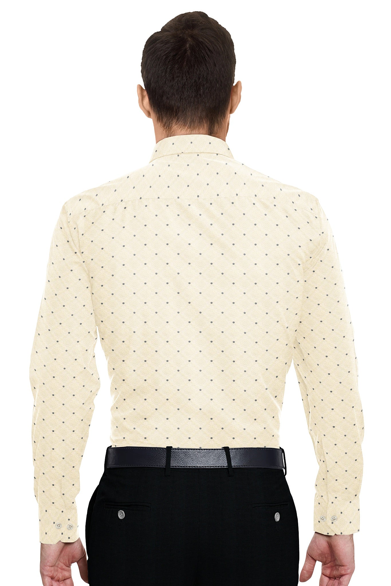 Cream with Indigo Blue and Salt White Geometric Pattern Printed Cotton Shirt