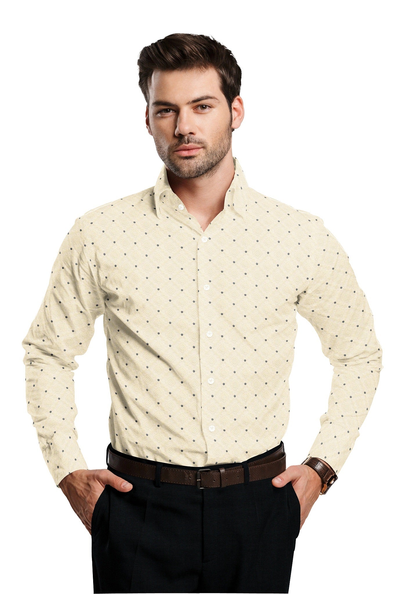 Cream with Indigo Blue and Salt White Geometric Pattern Printed Cotton Shirt