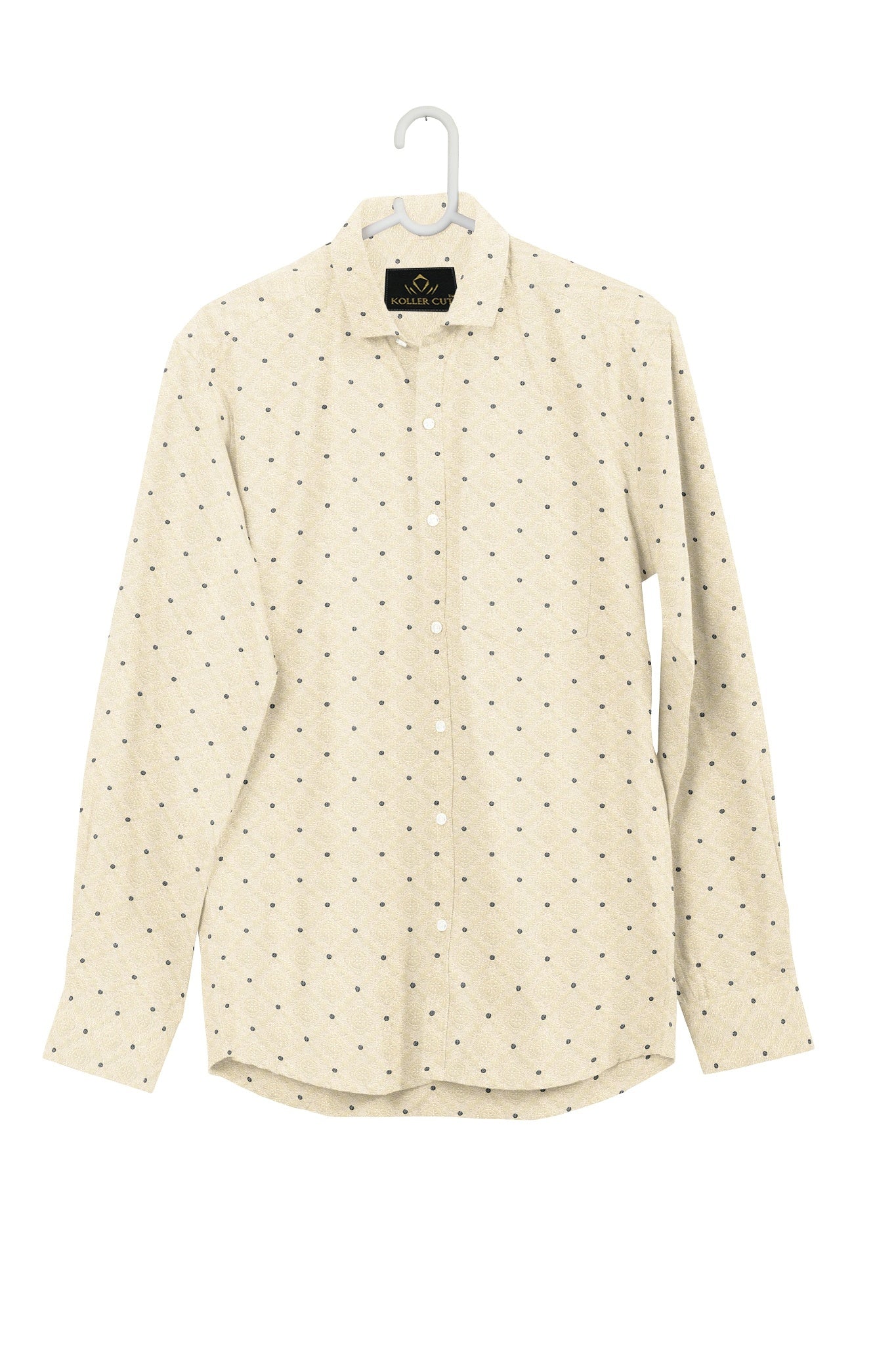 Cream with Indigo Blue and Salt White Geometric Pattern Printed Cotton Shirt