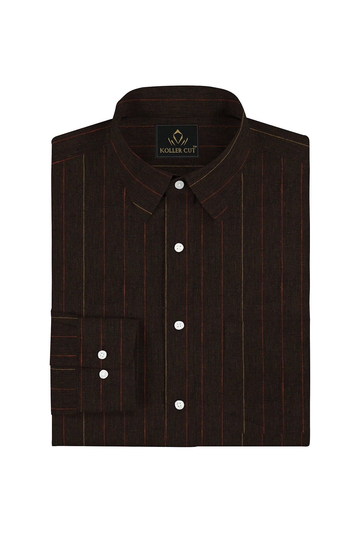 Bistre Brown with Khaki and Rust Red Pinstripes Cotton Shirt