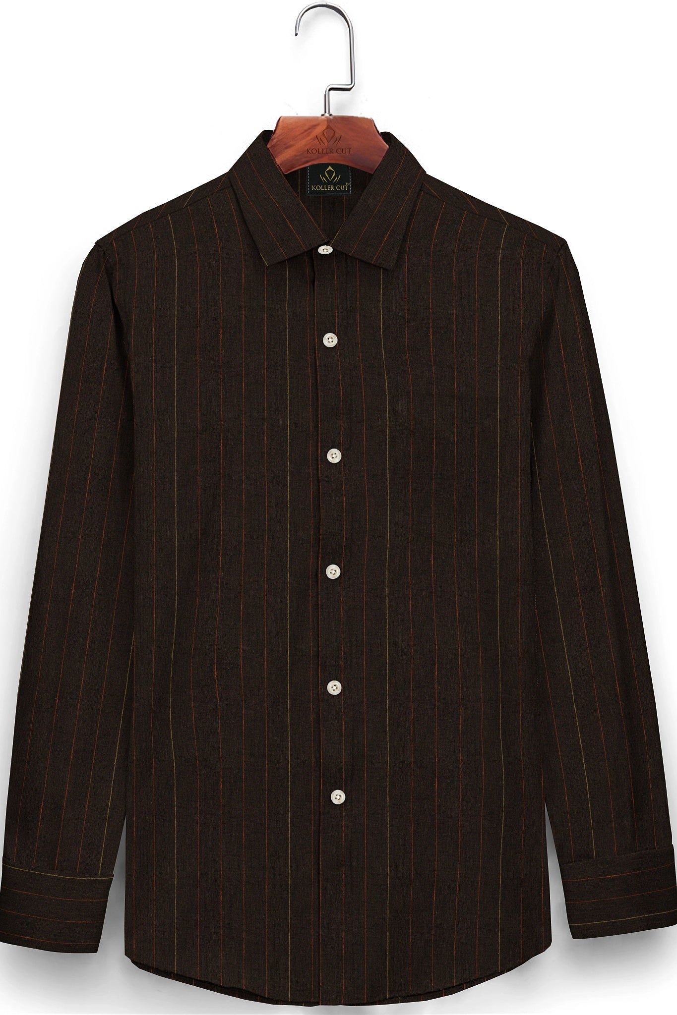 Bistre Brown with Khaki and Rust Red Pinstripes Cotton Shirt