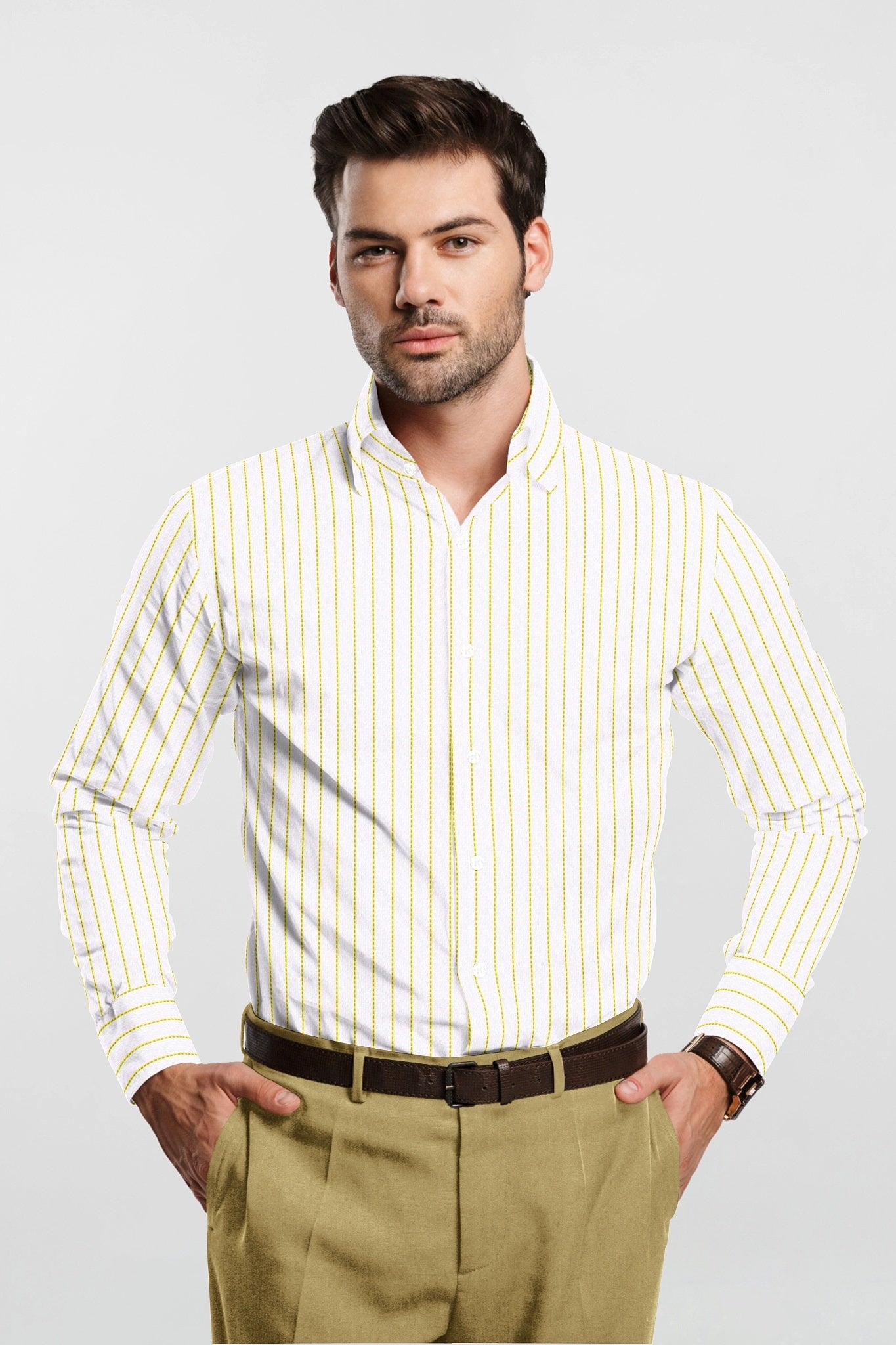 White with Mikado Yellow Broken Stripes Cotton Shirt