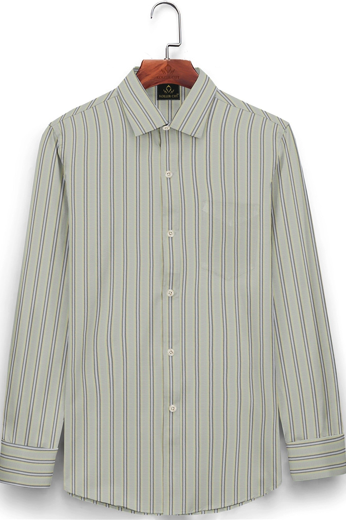 Beige with Opaline Green and White Multicolored Stripes Premium Cotton Shirt