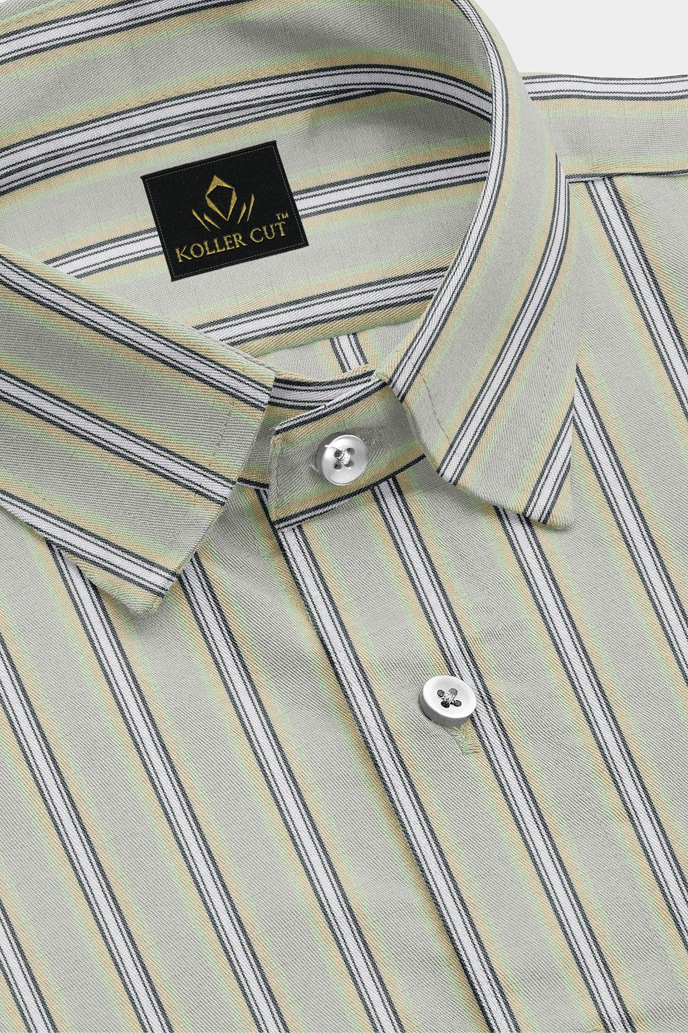 Beige with Opaline Green and White Multicolored Stripes Premium Cotton Shirt