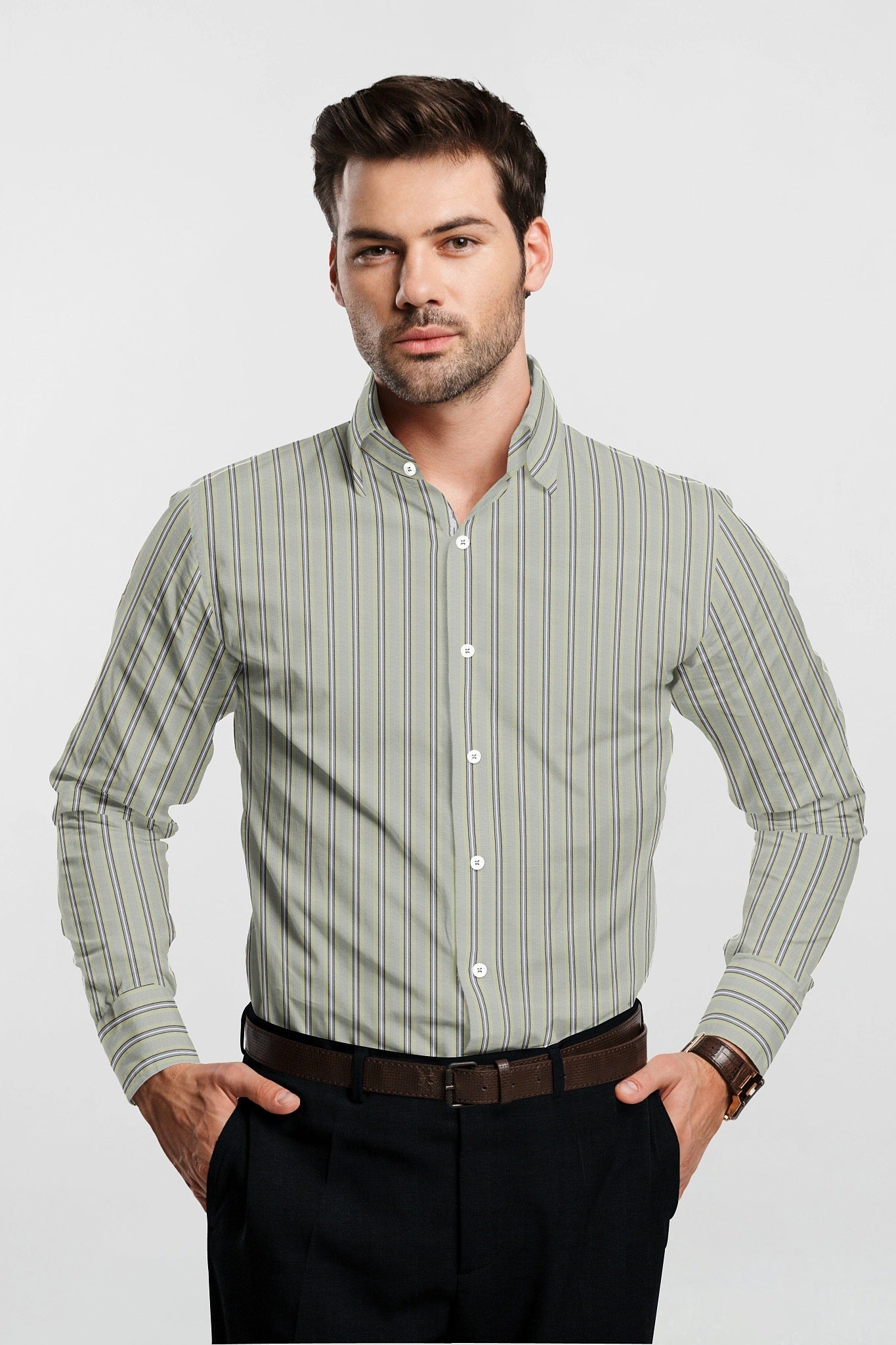 Beige with Opaline Green and White Multicolored Stripes Premium Cotton Shirt