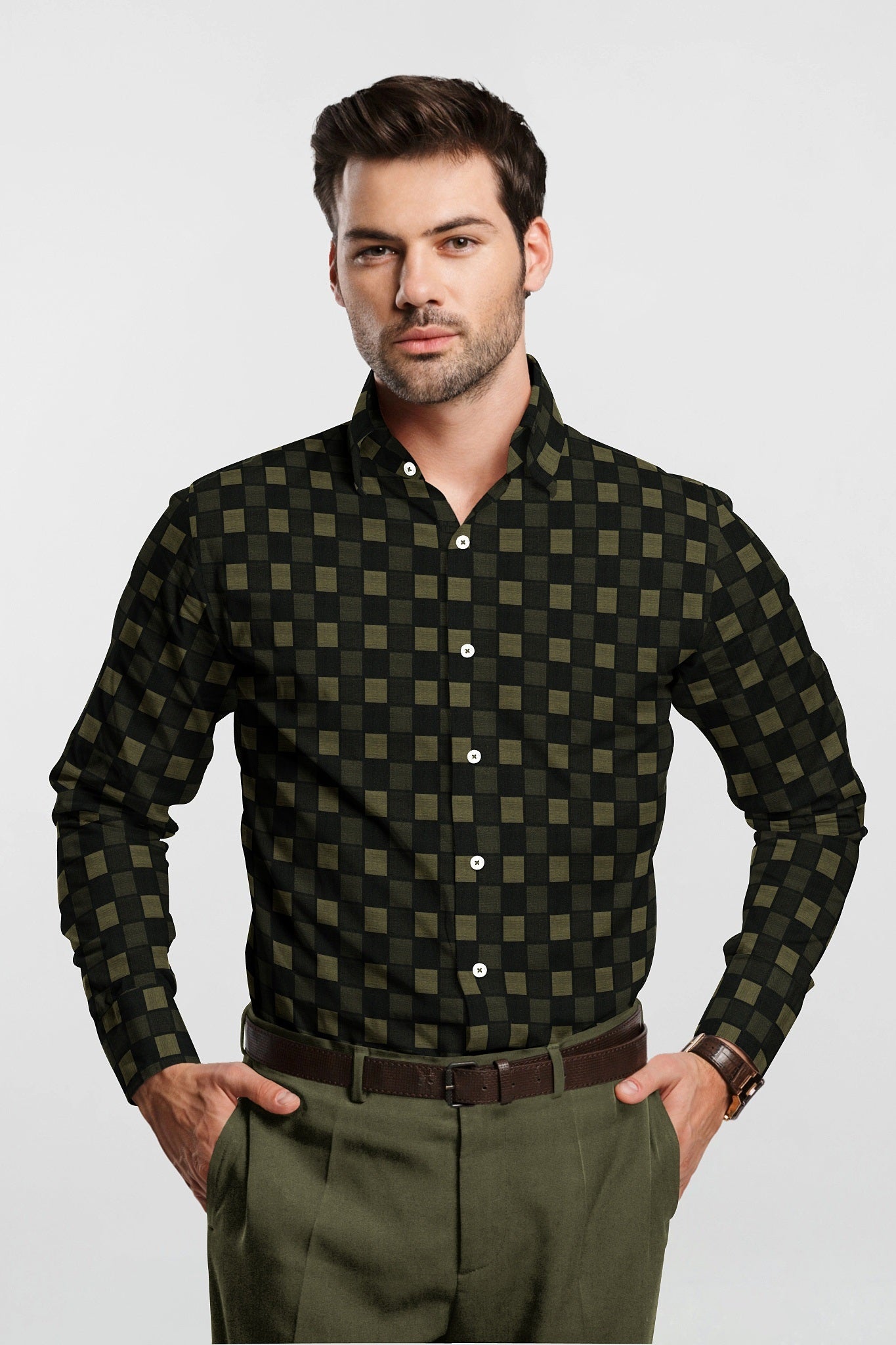 Caviar Black with Ecru Jacquard Box Checks Two Toned Premium Cotton Shirt